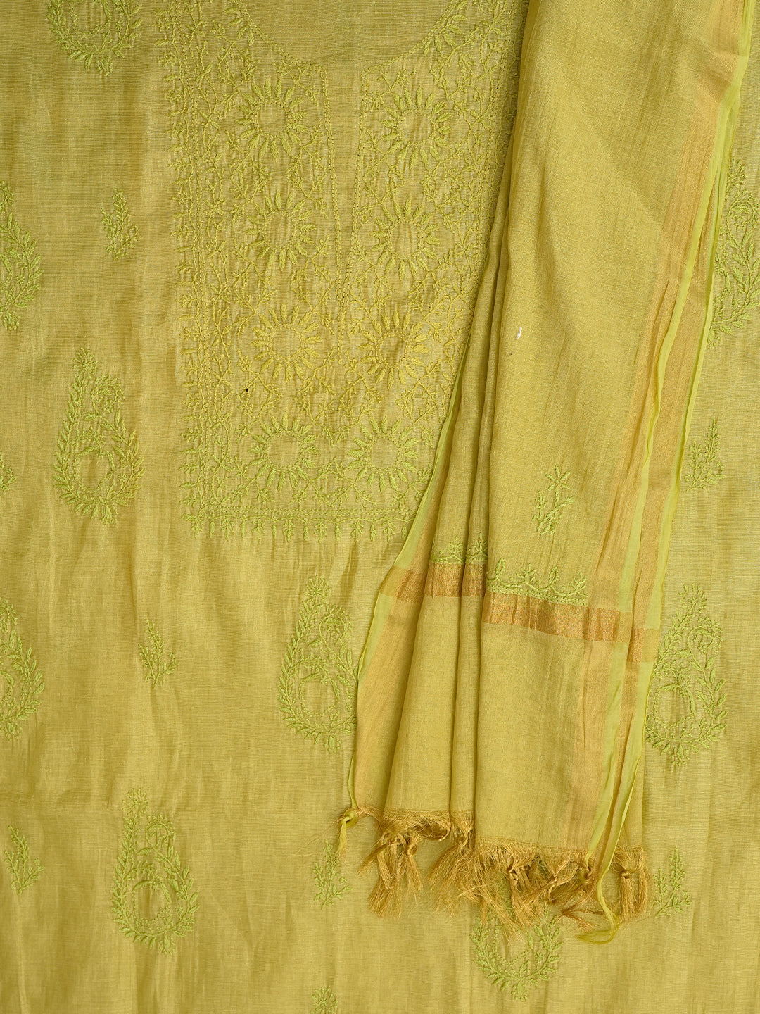 Ada Hand Embroidered Lime Green Tissue Unstitched Lucknowi Chikankari Kurta Dupatta Set 01A773161