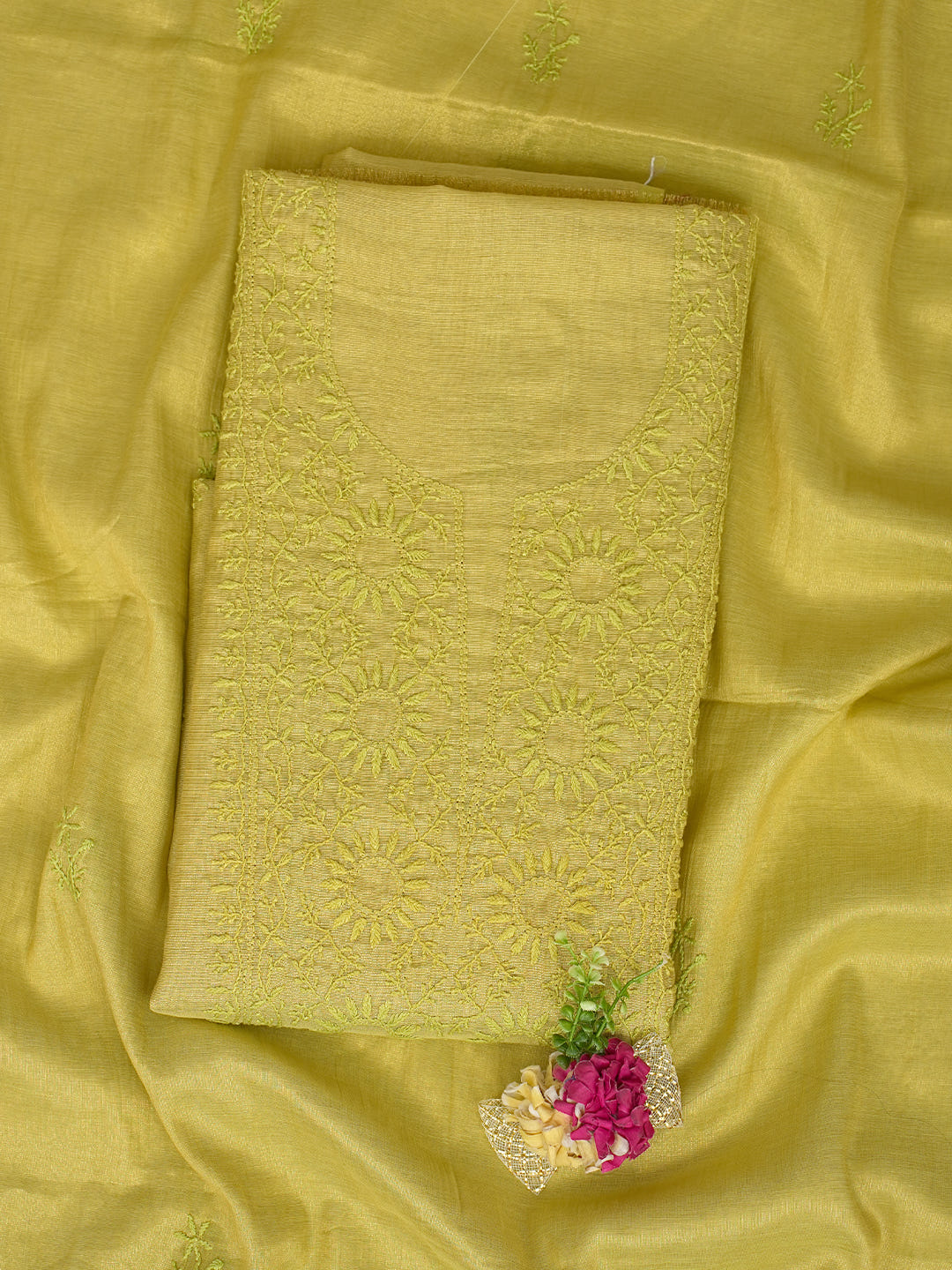 Ada Hand Embroidered Lime Green Tissue Unstitched Lucknowi Chikankari Kurta Dupatta Set 01A773161