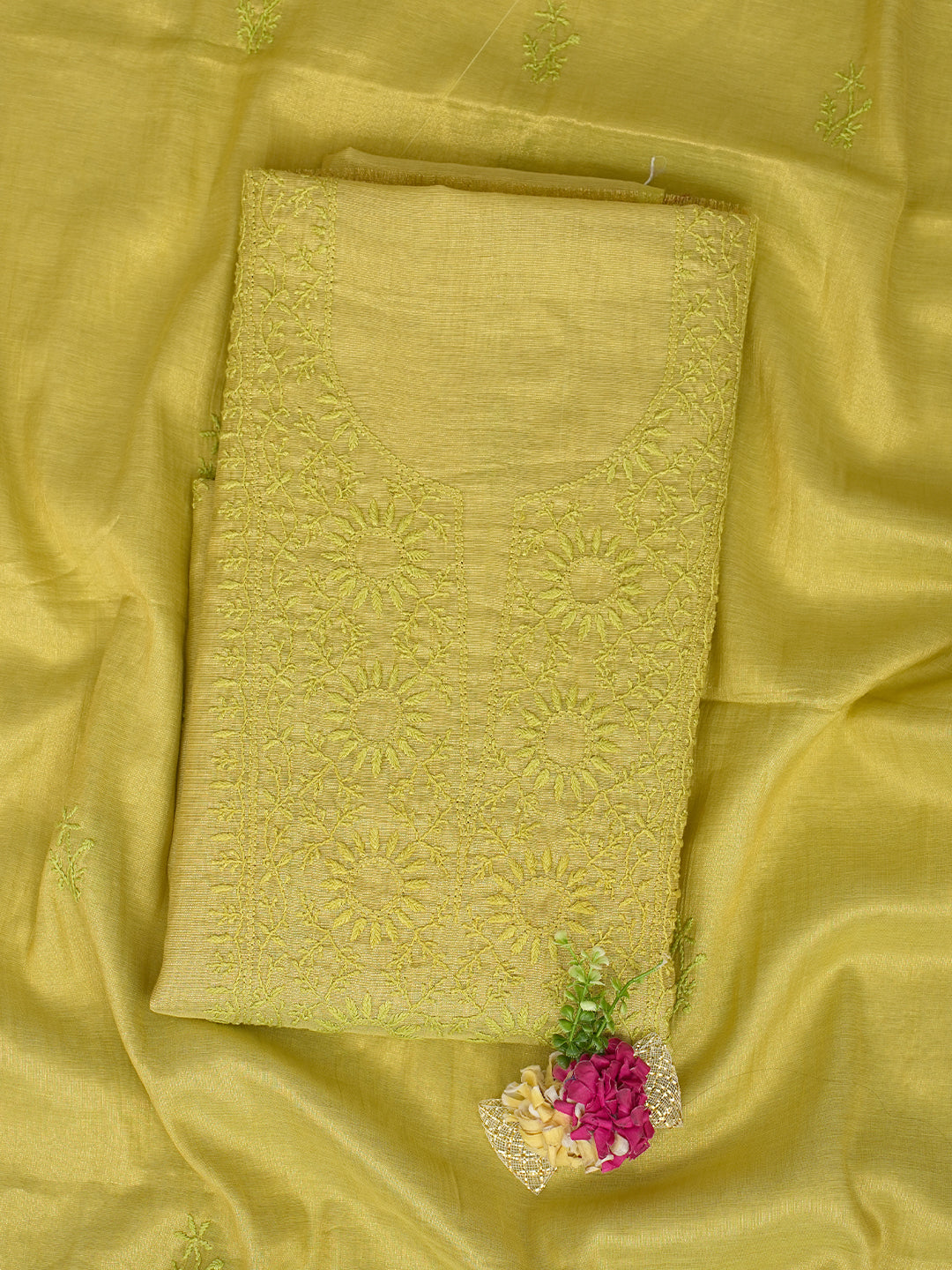Ada Hand Embroidered Lime Green Tissue Unstitched Lucknowi Chikankari Kurta Dupatta Set 01A773161