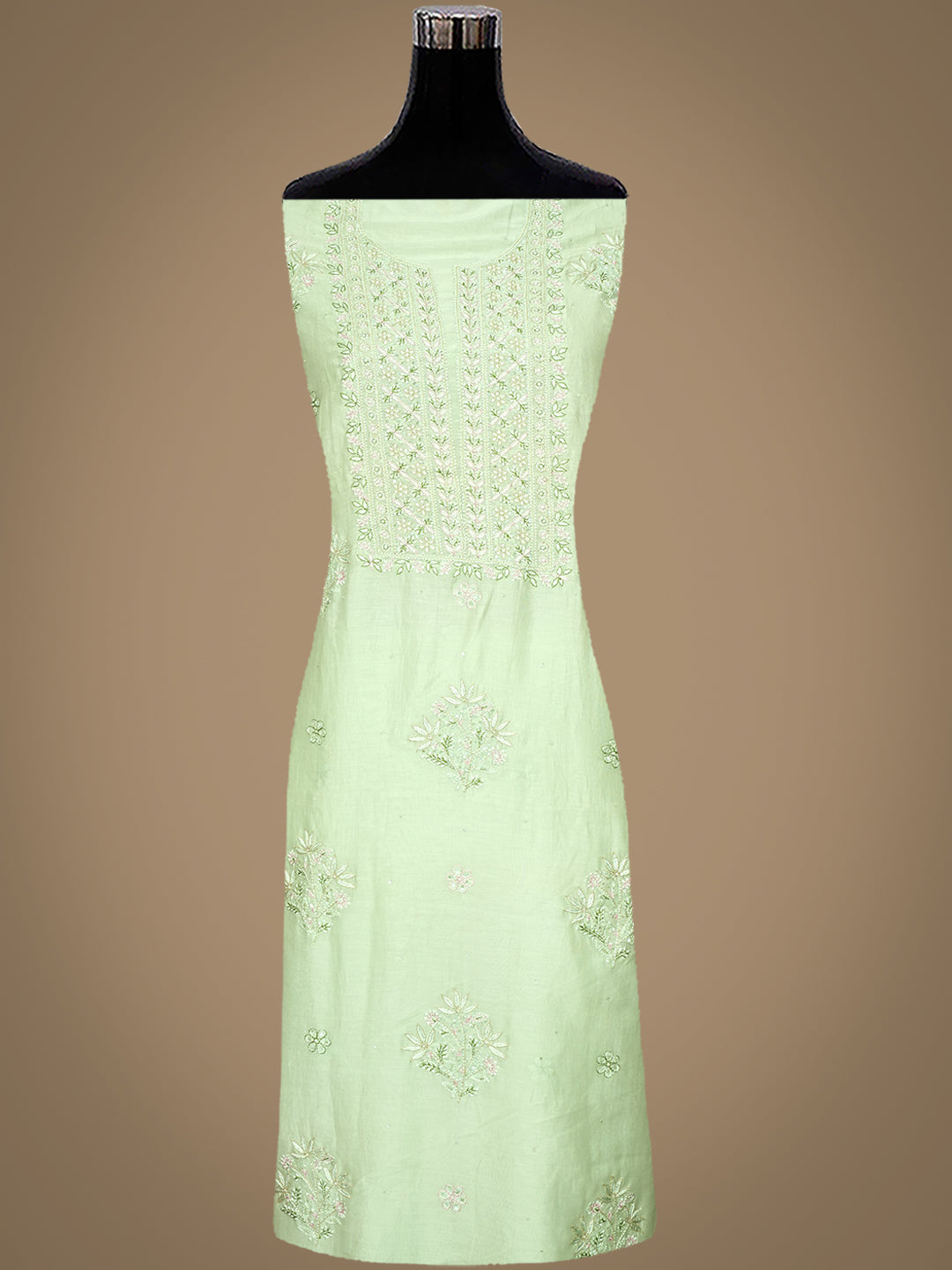 Ada Hand Embroidered Lime Sorbet Chanderi Lucknowi Chikankari Unstitched Kurta Dupatta Set With Zari Work 01A983141