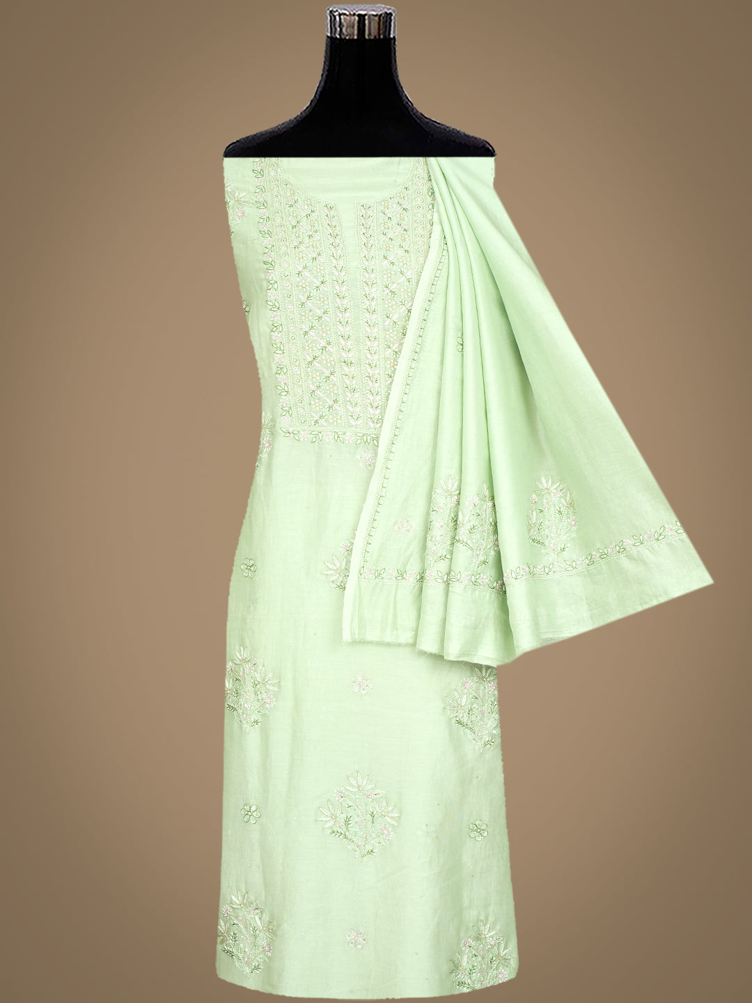 Ada Hand Embroidered Lime Sorbet Chanderi Lucknowi Chikankari Unstitched Kurta Dupatta Set With Zari Work 01A983141