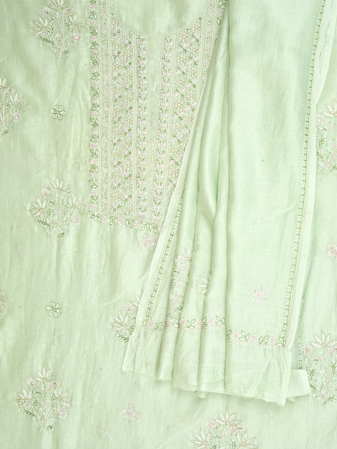 Ada Hand Embroidered Lime Sorbet Chanderi Lucknowi Chikankari Unstitched Kurta Dupatta Set With Zari Work 01A983141