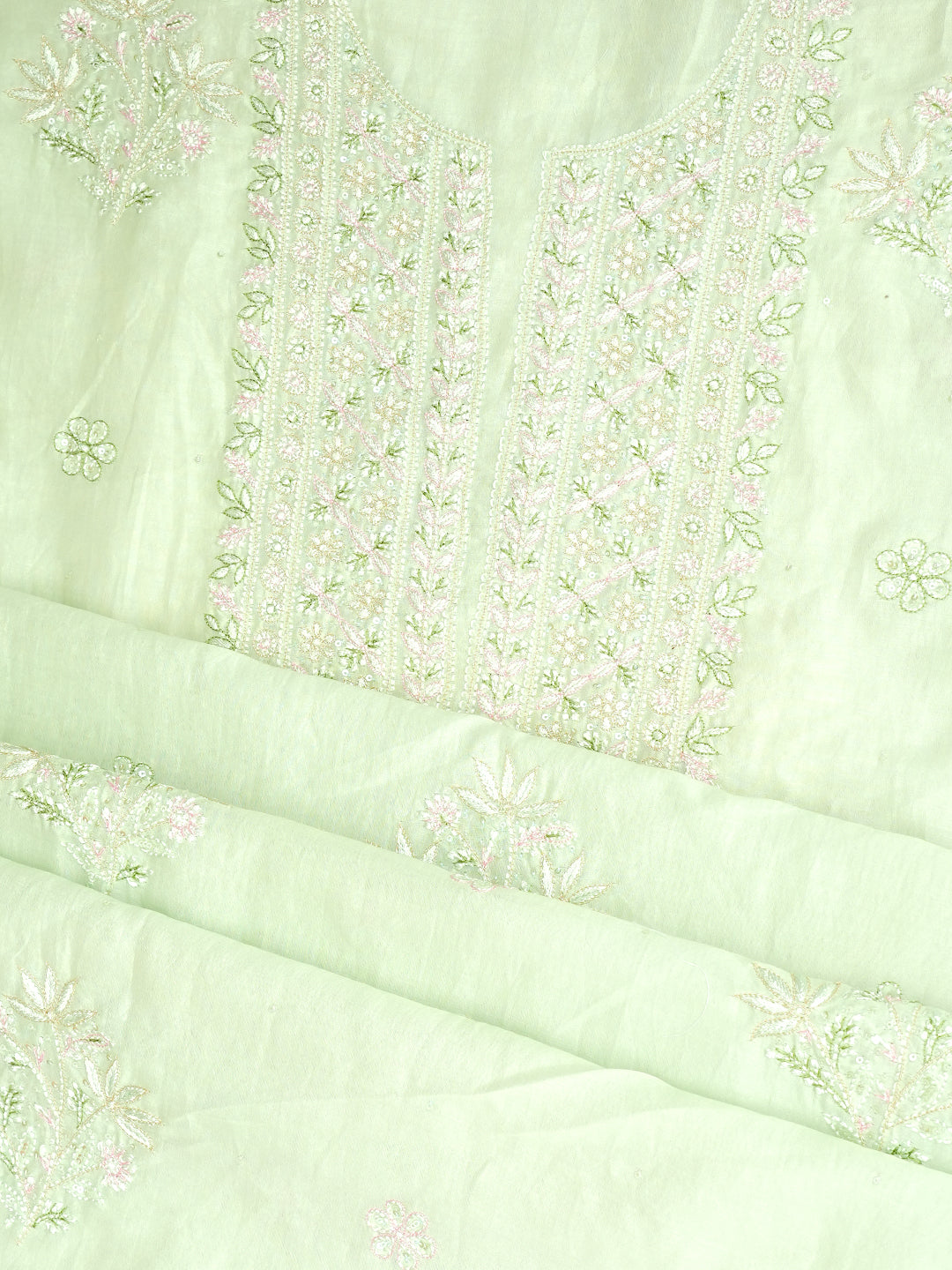 Ada Hand Embroidered Lime Sorbet Chanderi Lucknowi Chikankari Unstitched Kurta Dupatta Set With Zari Work 01A983141
