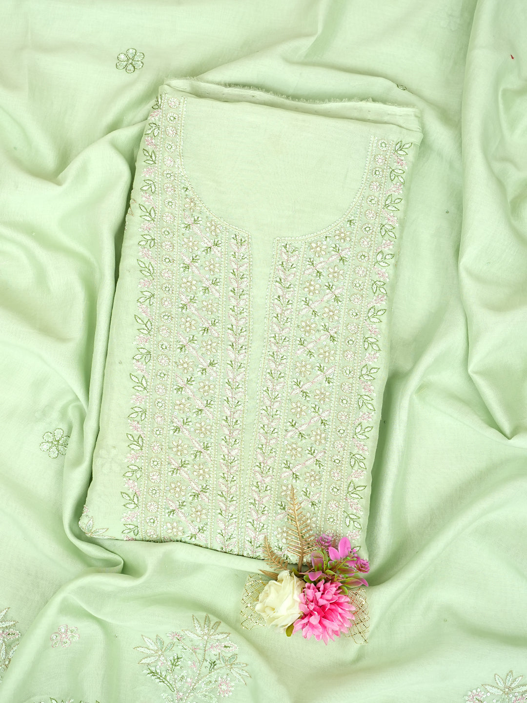 Ada Hand Embroidered Lime Sorbet Chanderi Lucknowi Chikankari Unstitched Kurta Dupatta Set With Zari Work 01A983141