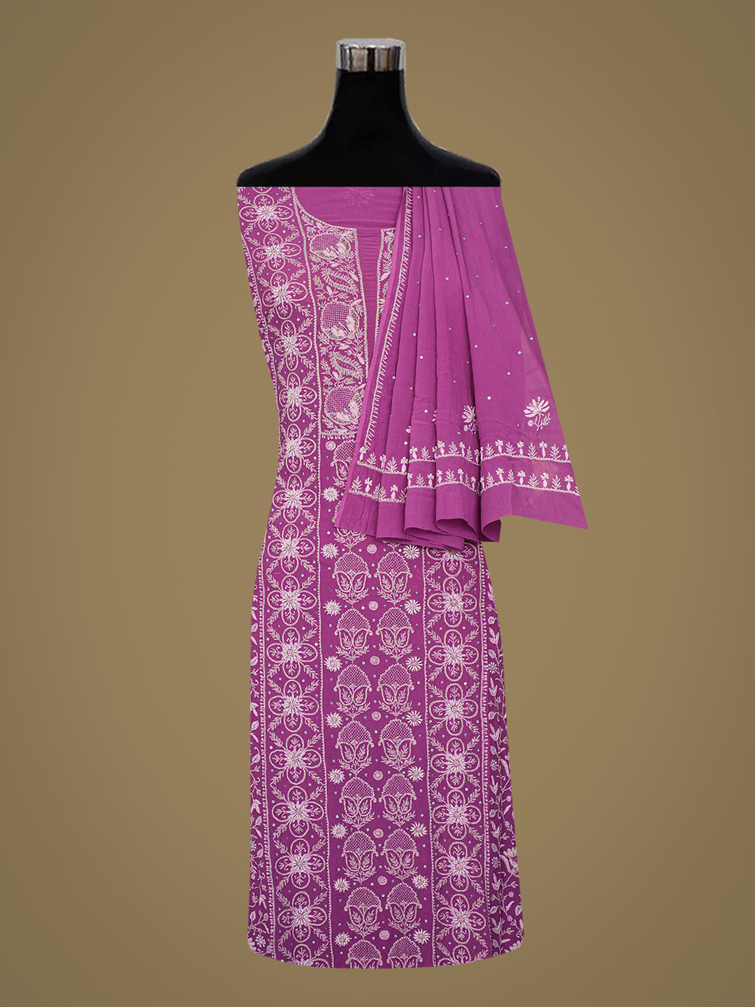 Ada Hand Embroidered Luxury Purple Pure Georgette Lucknowi Chikankari Unstitched Kurta Dupatta Set With Cutdana Work 01A919137