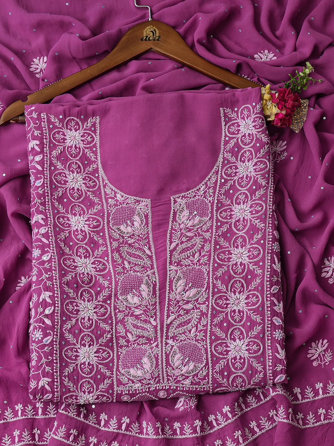 Ada Hand Embroidered Luxury Purple Pure Georgette Lucknowi Chikankari Unstitched Kurta Dupatta Set With Cutdana Work 01A919137