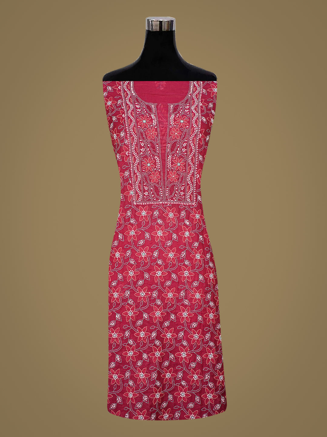 Ada Hand Embroidered Magenta Chanderi Lucknowi Chikankari Unstitched Kurta Dupatta Set 01A1012864