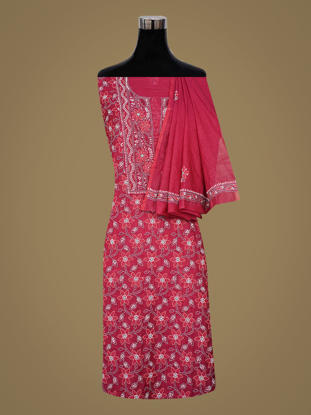 Ada Hand Embroidered Magenta Chanderi Lucknowi Chikankari Unstitched Kurta Dupatta Set 01A1012864