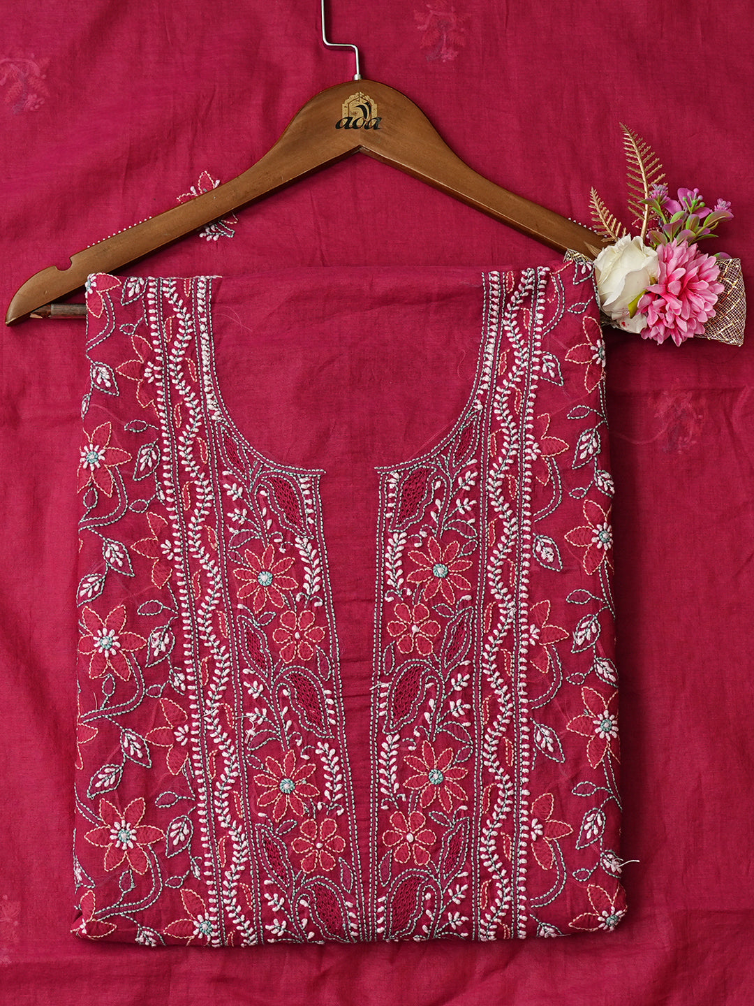 Ada Hand Embroidered Magenta Chanderi Lucknowi Chikankari Unstitched Kurta Dupatta Set 01A1012864