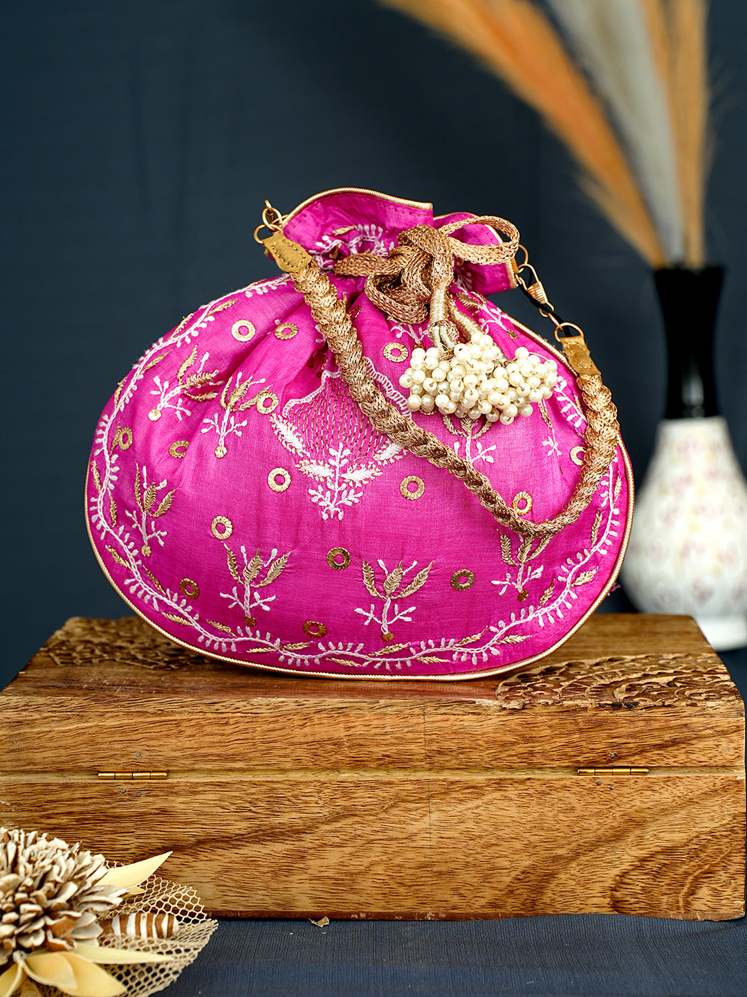 Ada Hand Embroidered Magenta Silk Lucknowi Chikankari Potli Bag With Zari Work 01A1009330