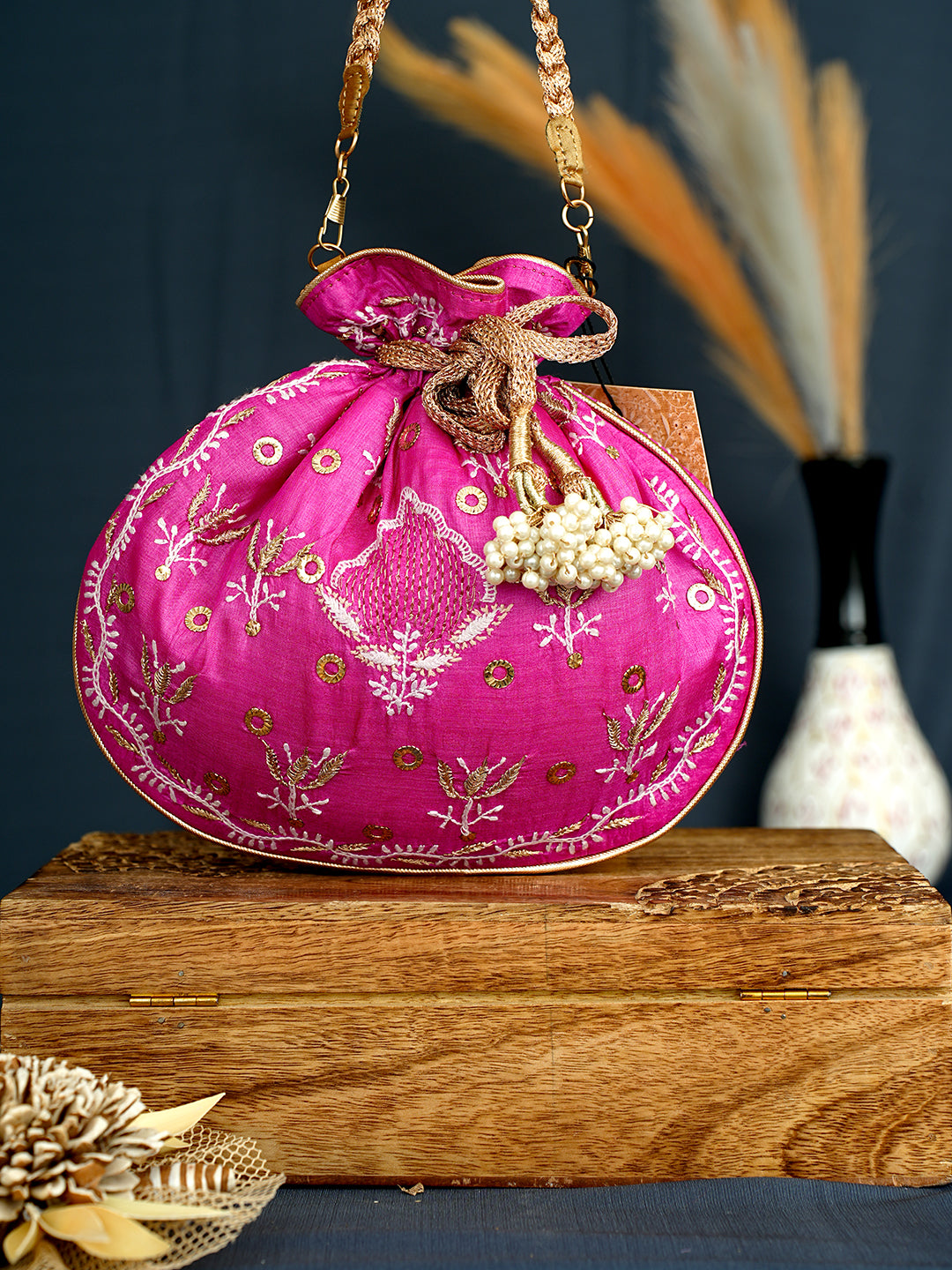Ada Hand Embroidered Magenta Silk Lucknowi Chikankari Potli Bag With Zari Work 01A1009330