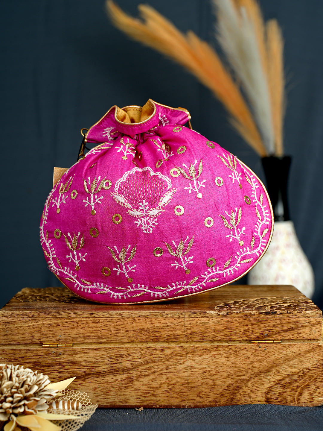 Ada Hand Embroidered Magenta Silk Lucknowi Chikankari Potli Bag With Zari Work 01A1009330