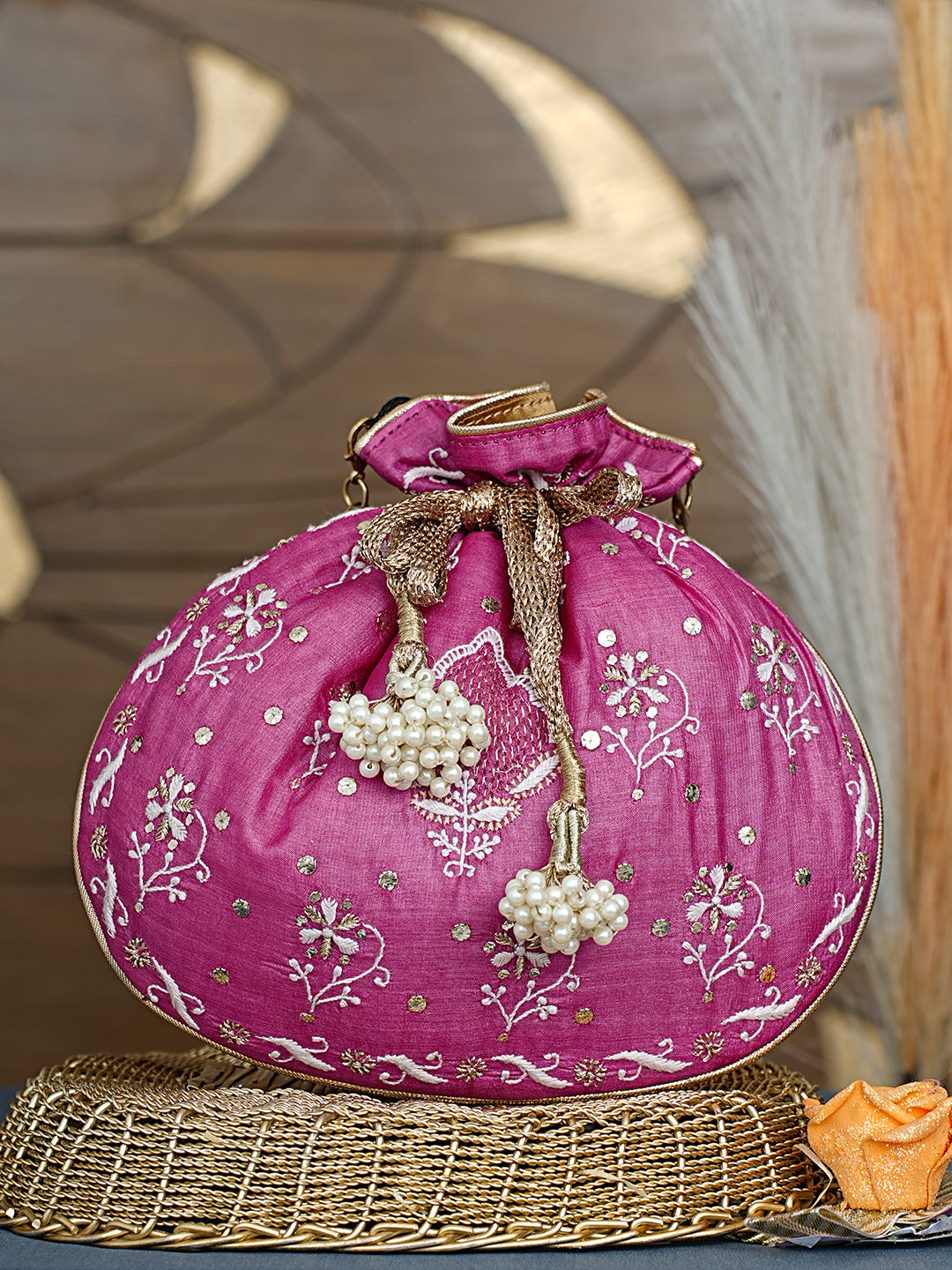 Ada Hand Embroidered Magenta Silk Lucknowi Chikankari Potli Bag With Zari Work 01A967666