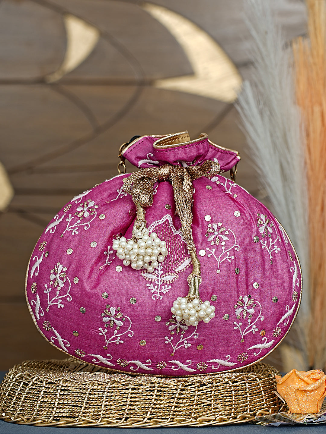 Ada Hand Embroidered Magenta Silk Lucknowi Chikankari Potli Bag With Zari Work 01A967666