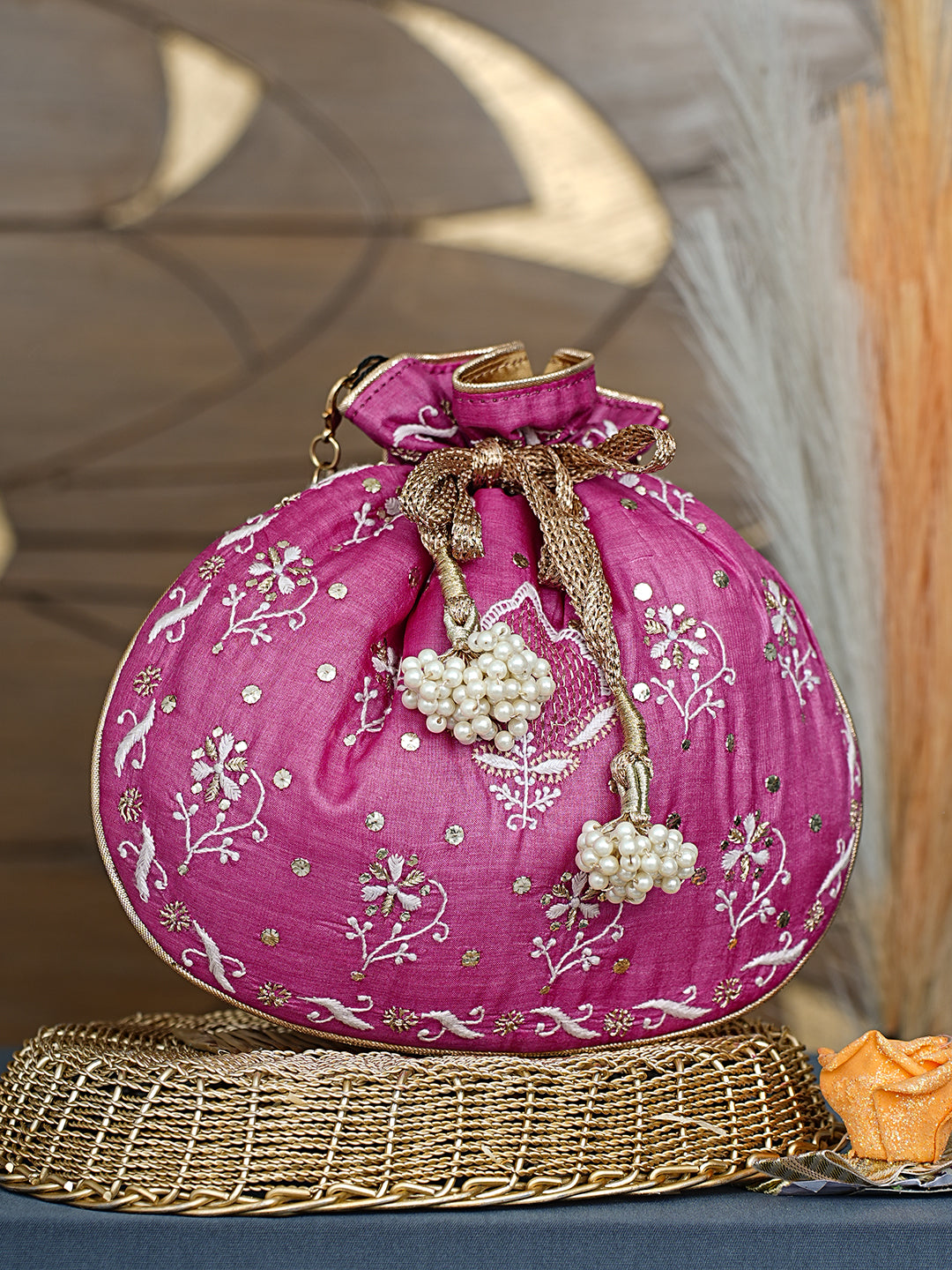 Ada Hand Embroidered Magenta Silk Lucknowi Chikankari Potli Bag With Zari Work 01A967666