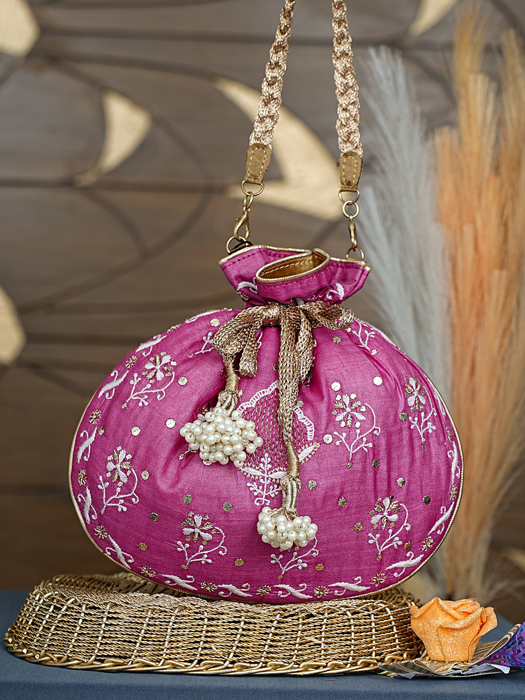 Ada Hand Embroidered Magenta Silk Lucknowi Chikankari Potli Bag With Zari Work 01A967666