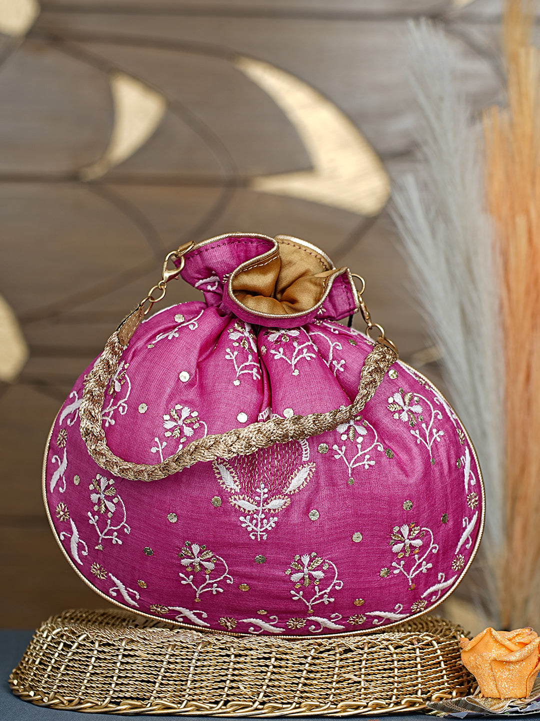 Ada Hand Embroidered Magenta Silk Lucknowi Chikankari Potli Bag With Zari Work 01A967666