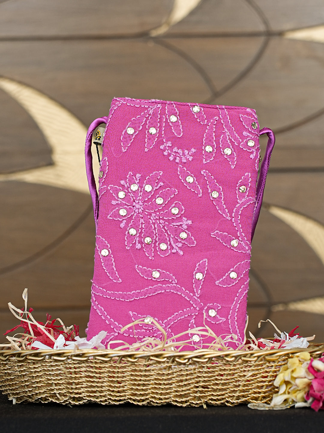 Ada Hand Embroidered Magenta Viscose Georgette Lucknowi Chikankari Mobile Cover With Muqaish /Mukaish Work 01A996458