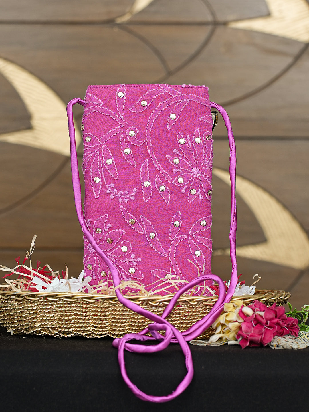 Ada Hand Embroidered Magenta Viscose Georgette Lucknowi Chikankari Mobile Cover With Muqaish /Mukaish Work 01A996458
