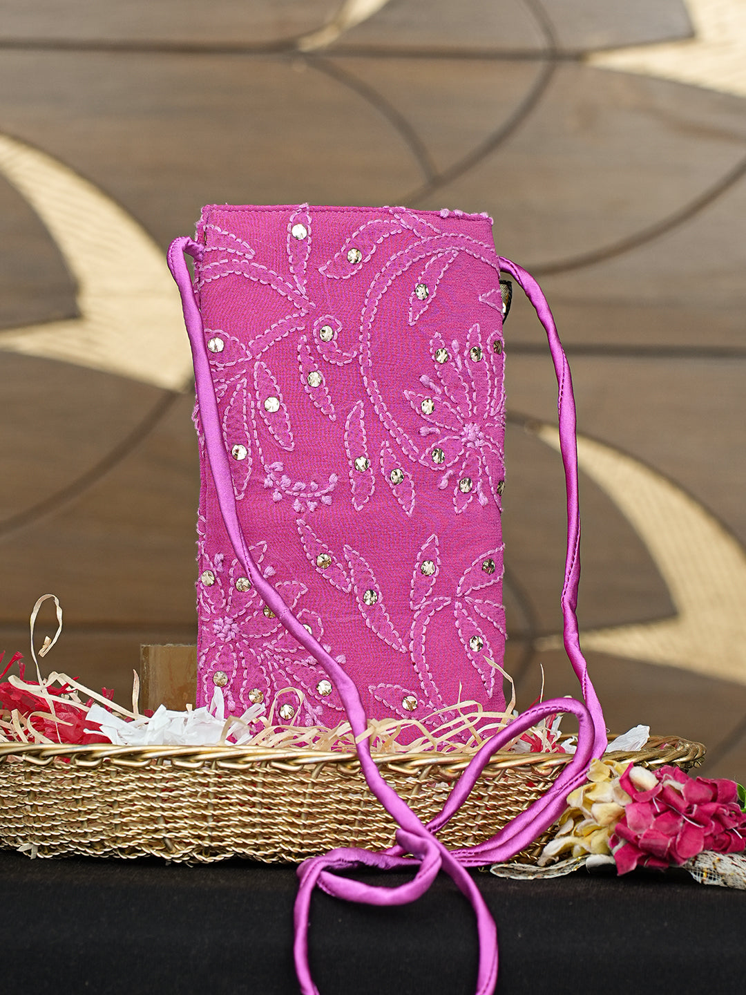Ada Hand Embroidered Magenta Viscose Georgette Lucknowi Chikankari Mobile Cover With Muqaish /Mukaish Work 01A996458