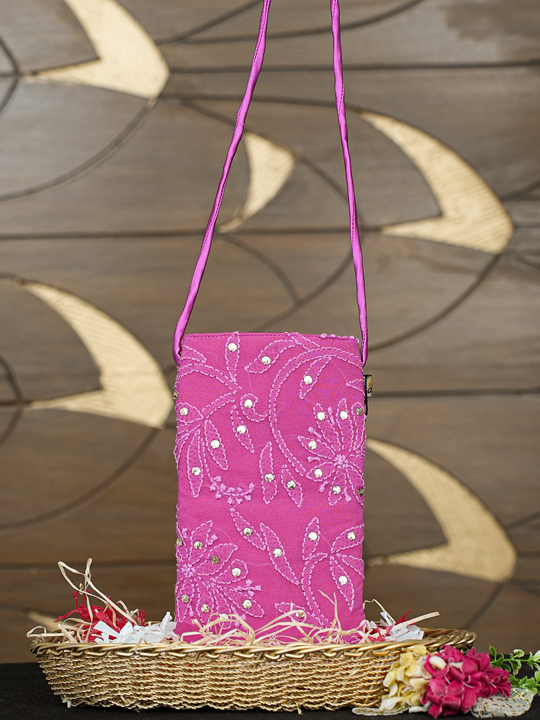 Ada Hand Embroidered Magenta Viscose Georgette Lucknowi Chikankari Mobile Cover With Muqaish /Mukaish Work 01A996458