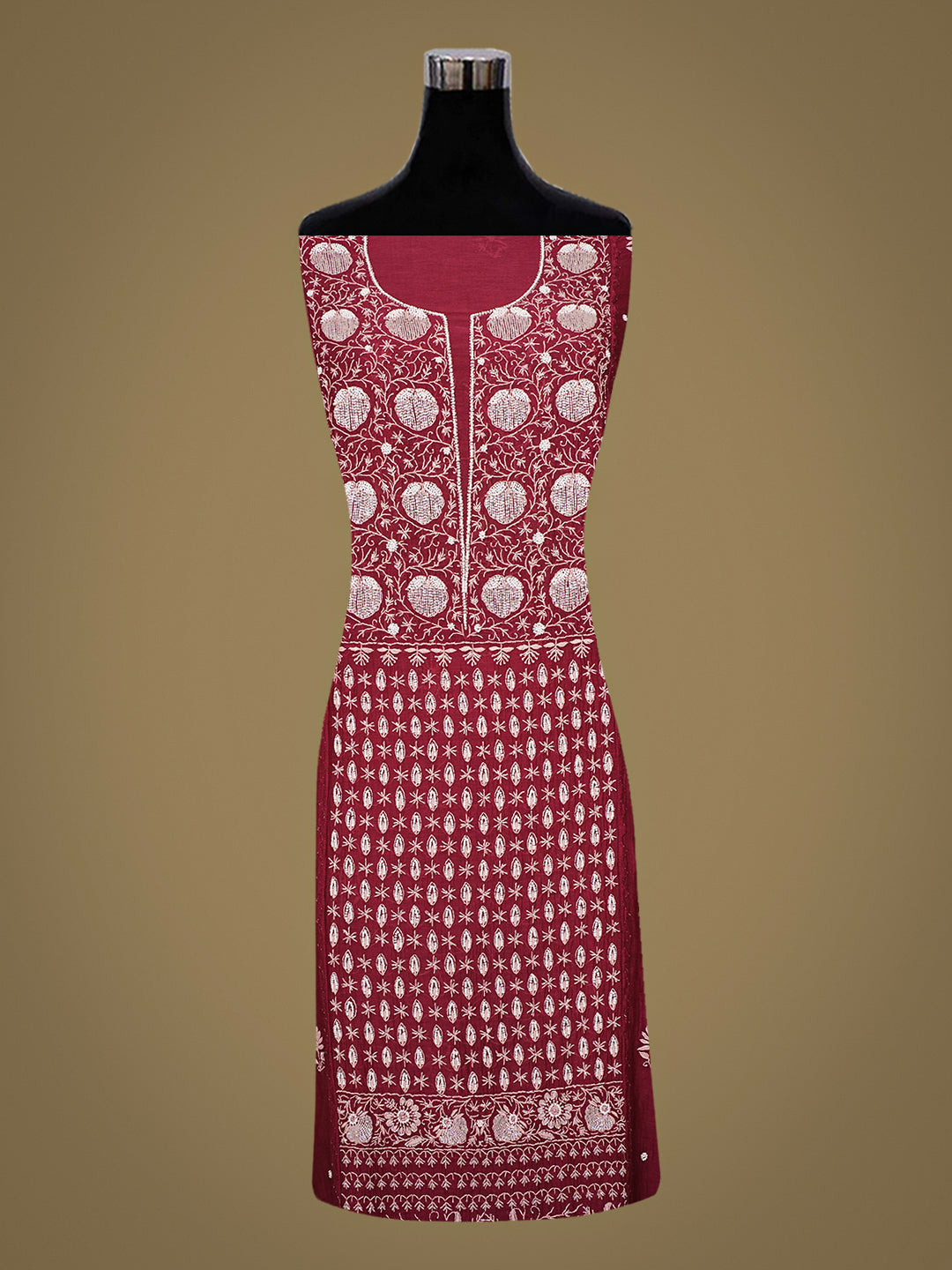 Ada Hand Embroidered Maroon Chanderi Lucknowi Chikankari Semi-Stitched Kurta Dupatta Set With Cutdana Work 01A648368