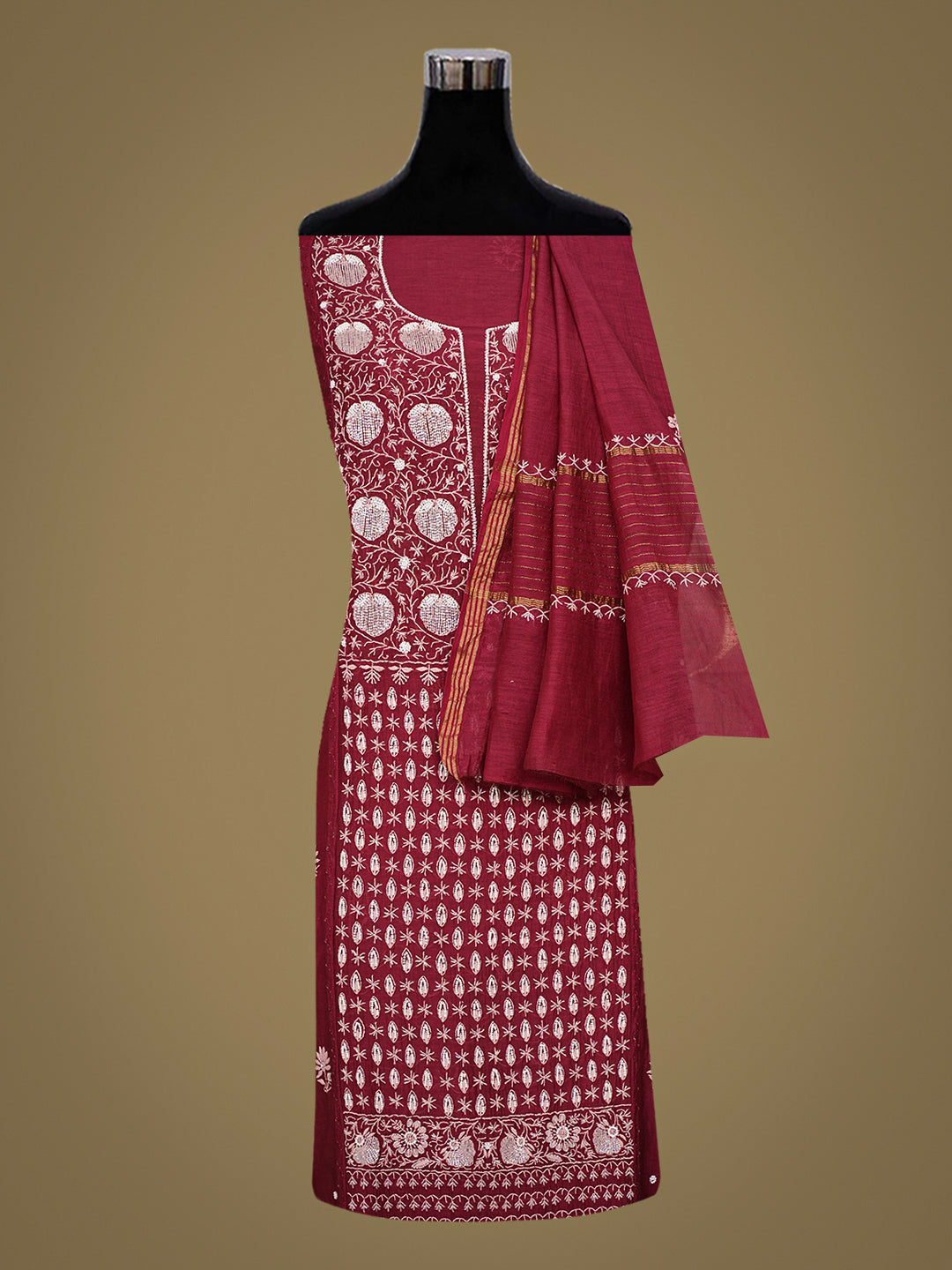 Ada Hand Embroidered Maroon Chanderi Lucknowi Chikankari Semi-Stitched Kurta Dupatta Set With Cutdana Work 01A648368