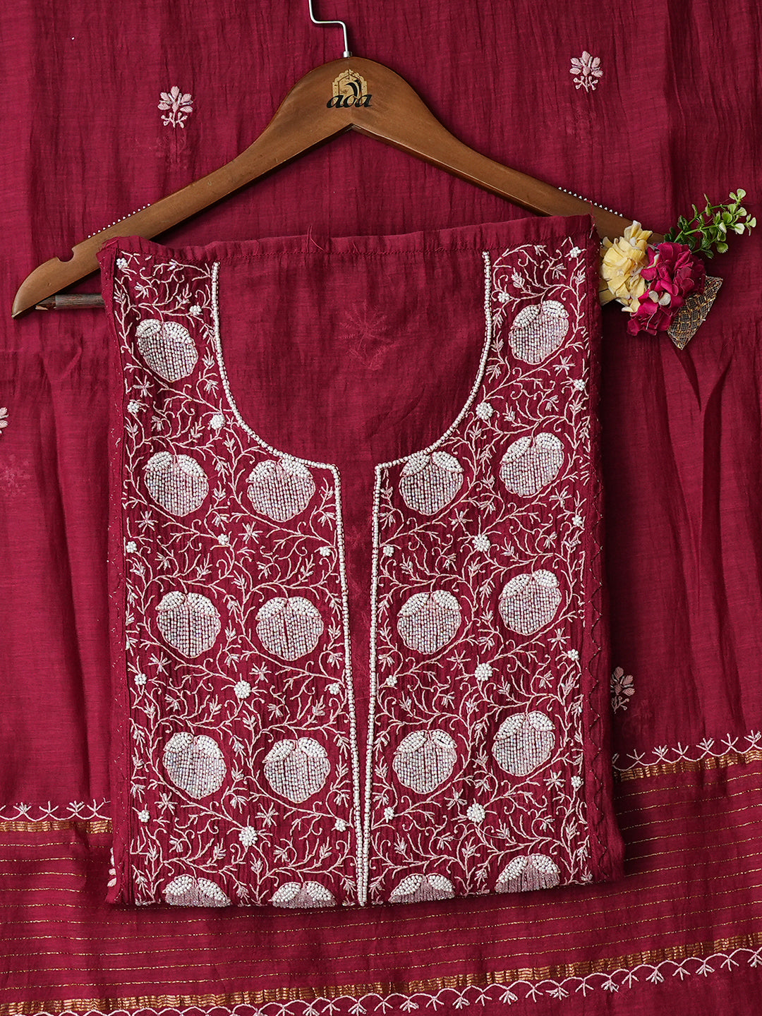Ada Hand Embroidered Maroon Chanderi Lucknowi Chikankari Semi-Stitched Kurta Dupatta Set With Cutdana Work 01A648368