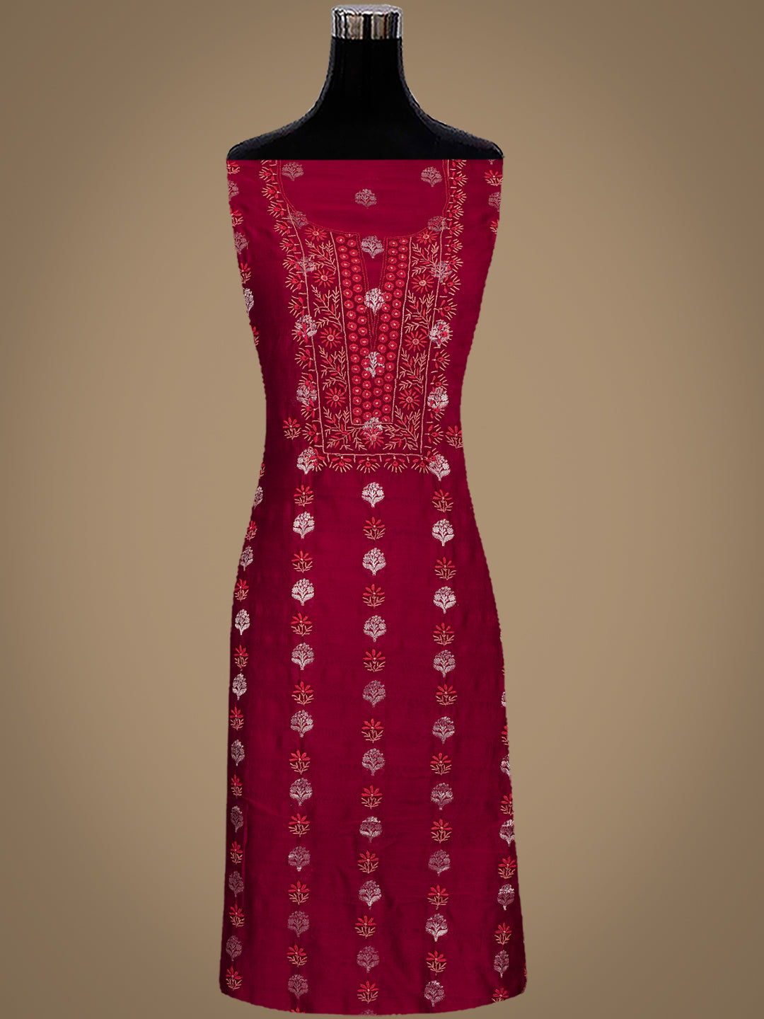 Ada Hand Embroidered Maroon Chanderi lucknowi Chikankari Unstitched Kurta 01A313755