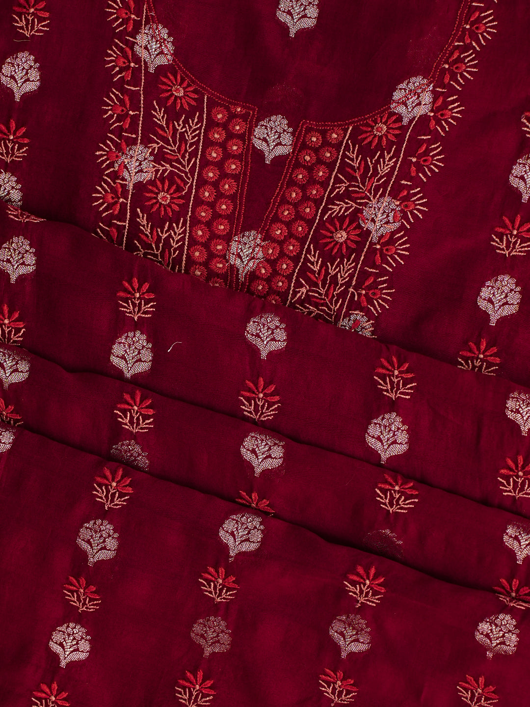 Ada Hand Embroidered Maroon Chanderi lucknowi Chikankari Unstitched Kurta 01A313755