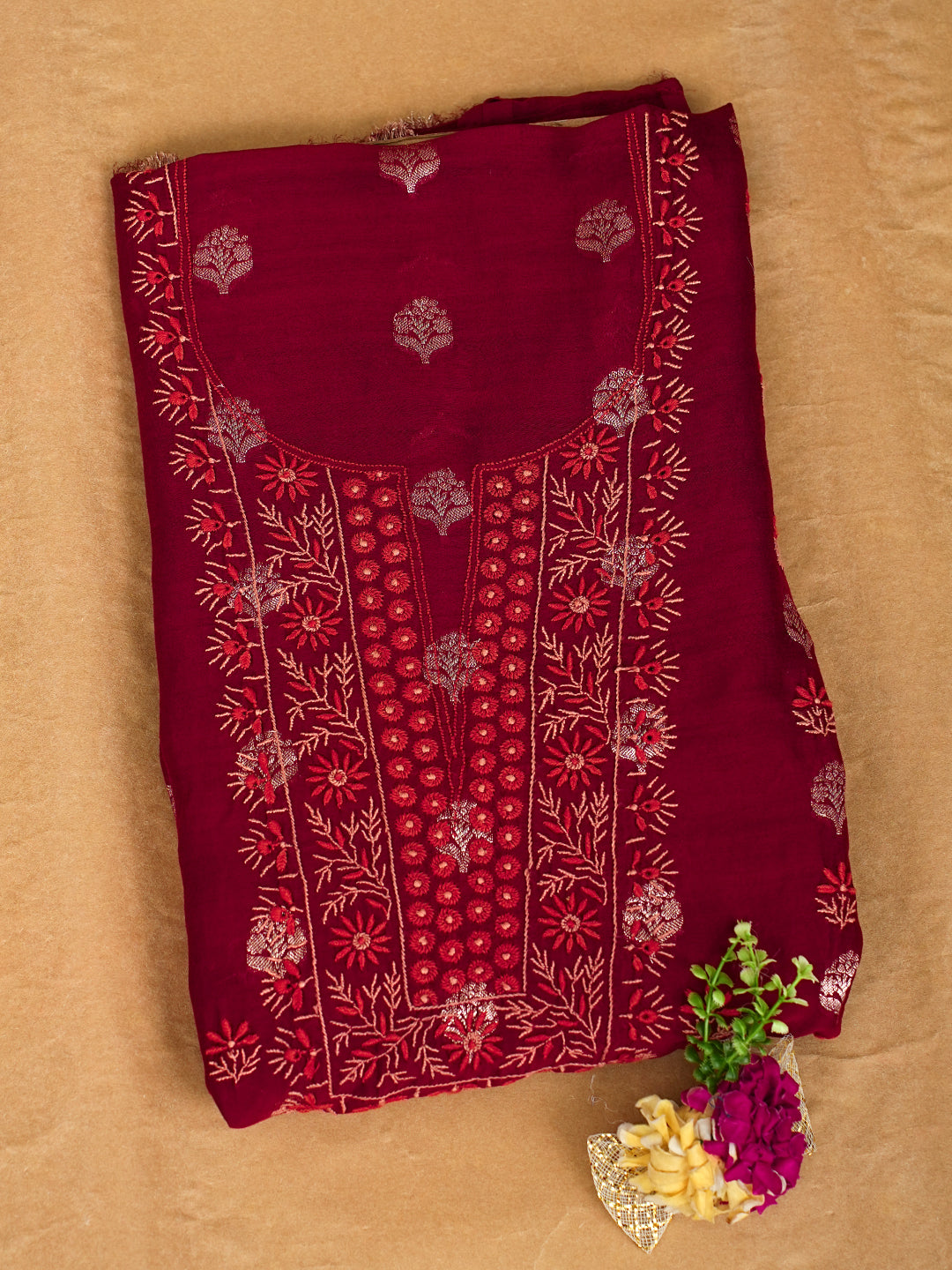 Ada Hand Embroidered Maroon Chanderi lucknowi Chikankari Unstitched Kurta 01A313755