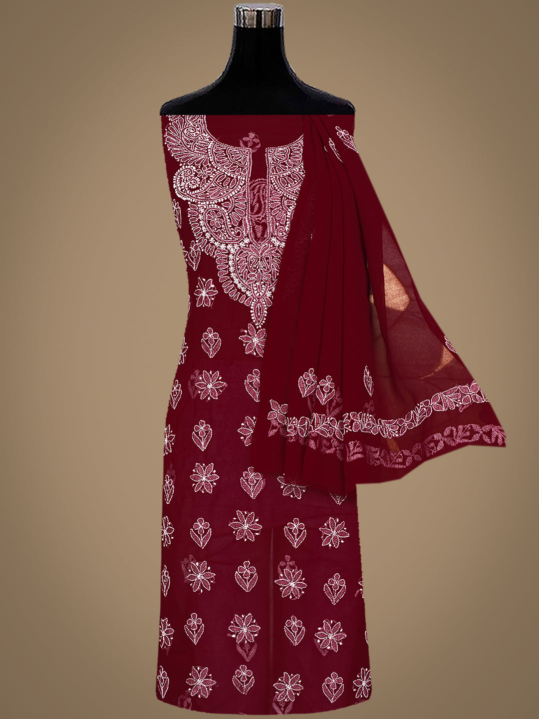 Ada Hand Embroidered  Maroon Faux Georgette Lucknowi Chikankari Unstitched Suit Piece 01A1002615