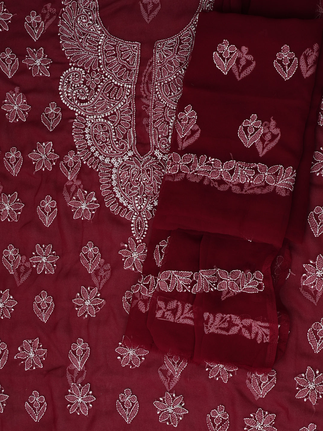 Ada Hand Embroidered  Maroon Faux Georgette Lucknowi Chikankari Unstitched Suit Piece 01A1002615