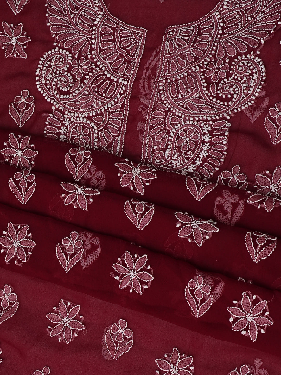 Ada Hand Embroidered  Maroon Faux Georgette Lucknowi Chikankari Unstitched Suit Piece 01A1002615