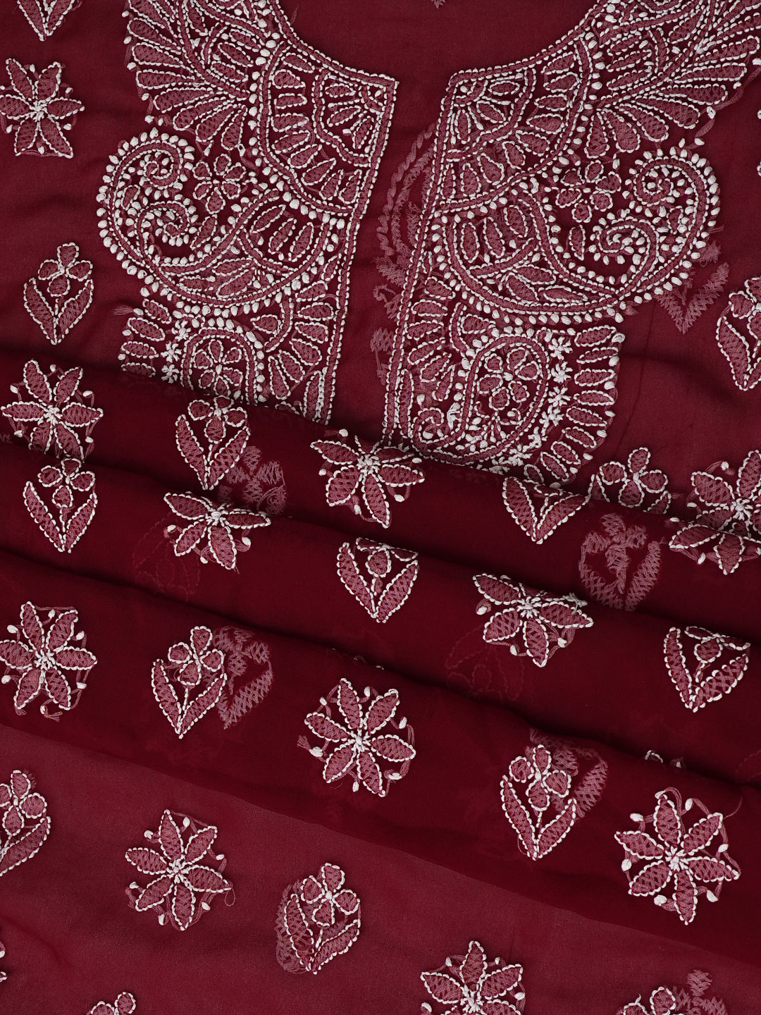 Ada Hand Embroidered  Maroon Faux Georgette Lucknowi Chikankari Unstitched Suit Piece 01A1002615