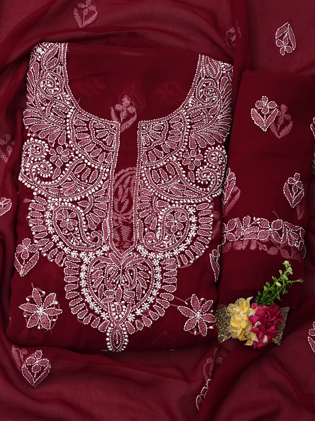 Ada Hand Embroidered  Maroon Faux Georgette Lucknowi Chikankari Unstitched Suit Piece 01A1002615