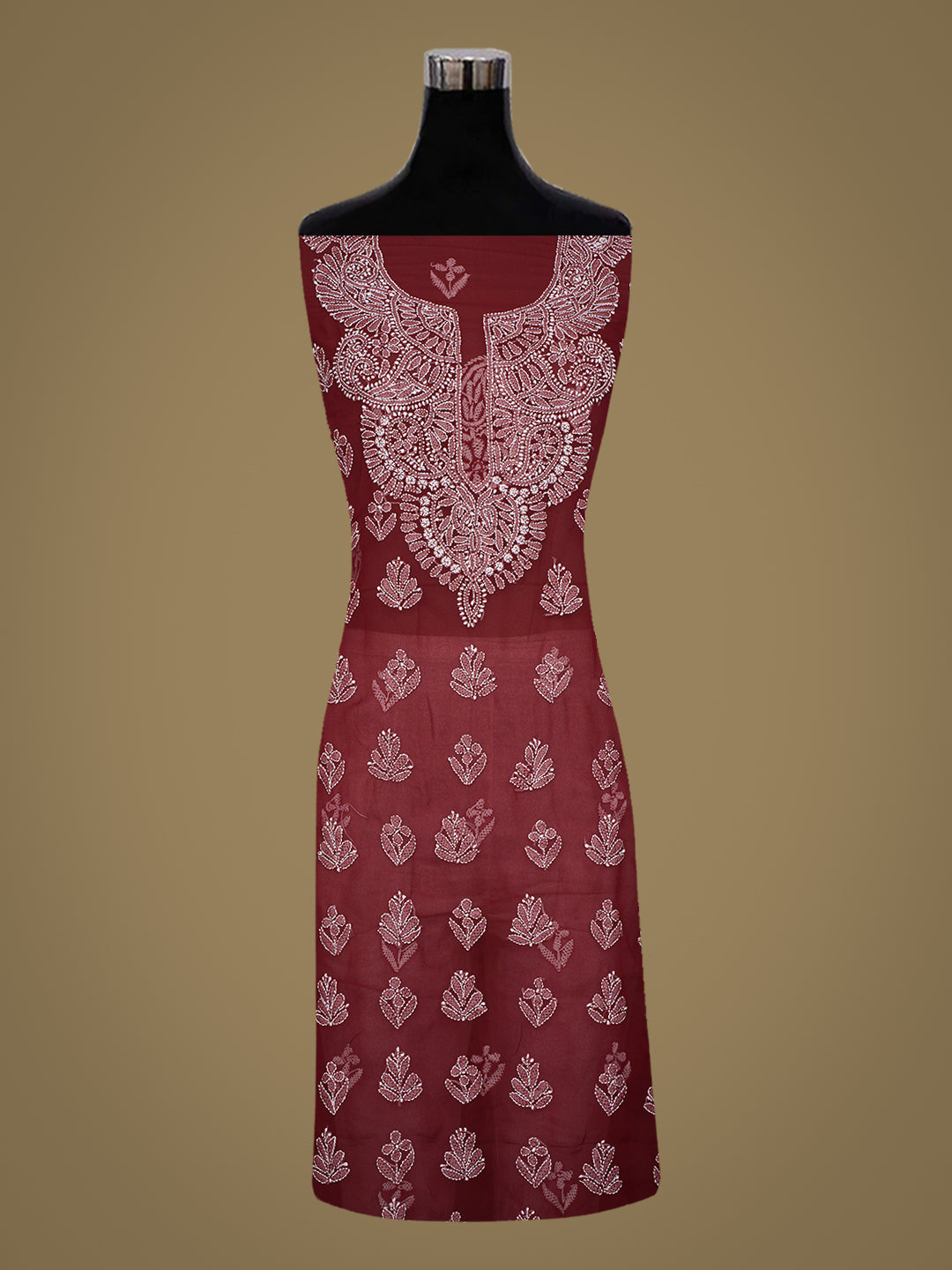 Ada Hand Embroidered Maroon Faux Georgette Lucknowi Chikankari Unstitched Suit Piece 01A1018817