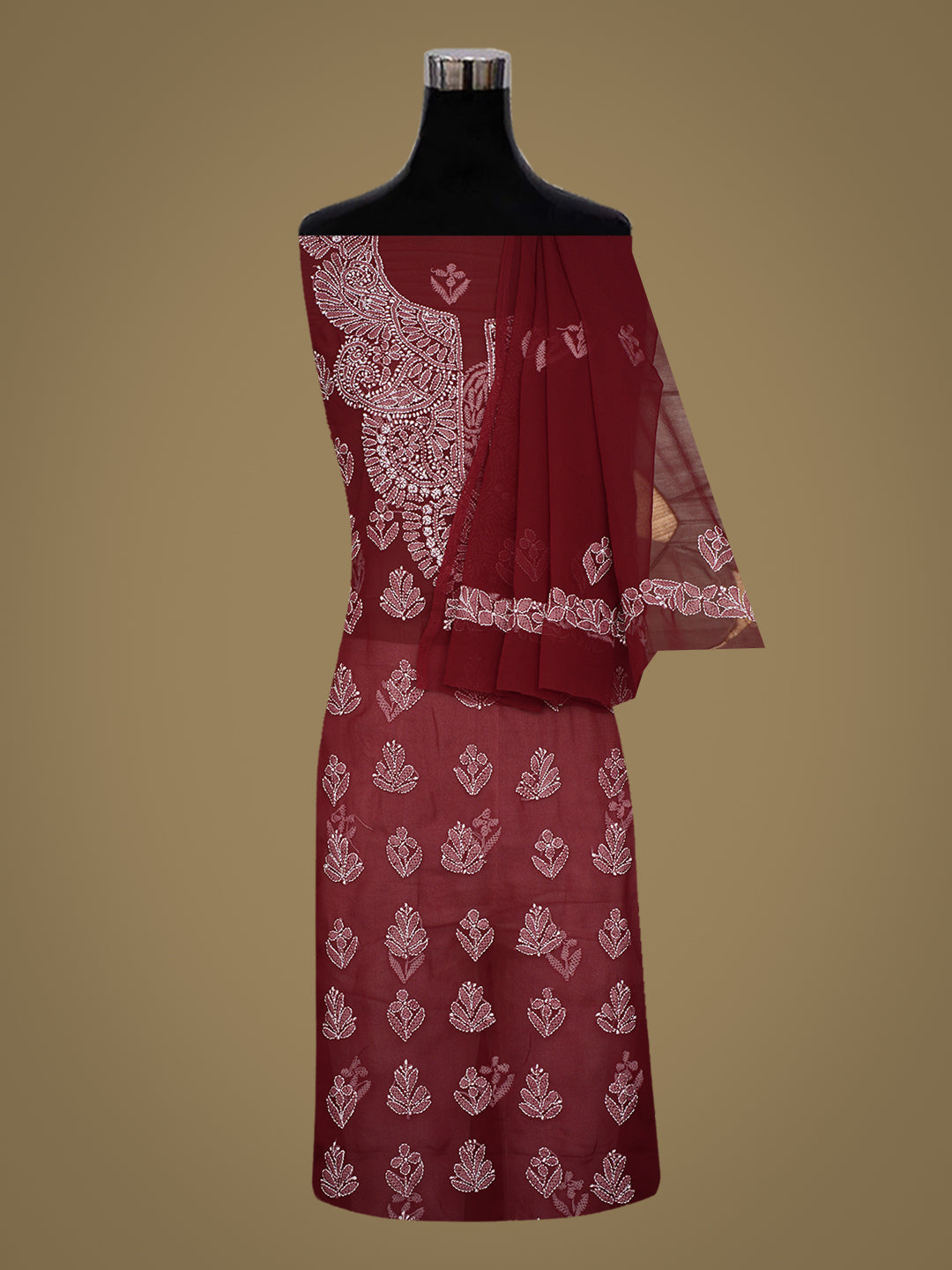 Ada Hand Embroidered Maroon Faux Georgette Lucknowi Chikankari Unstitched Suit Piece 01A1018817