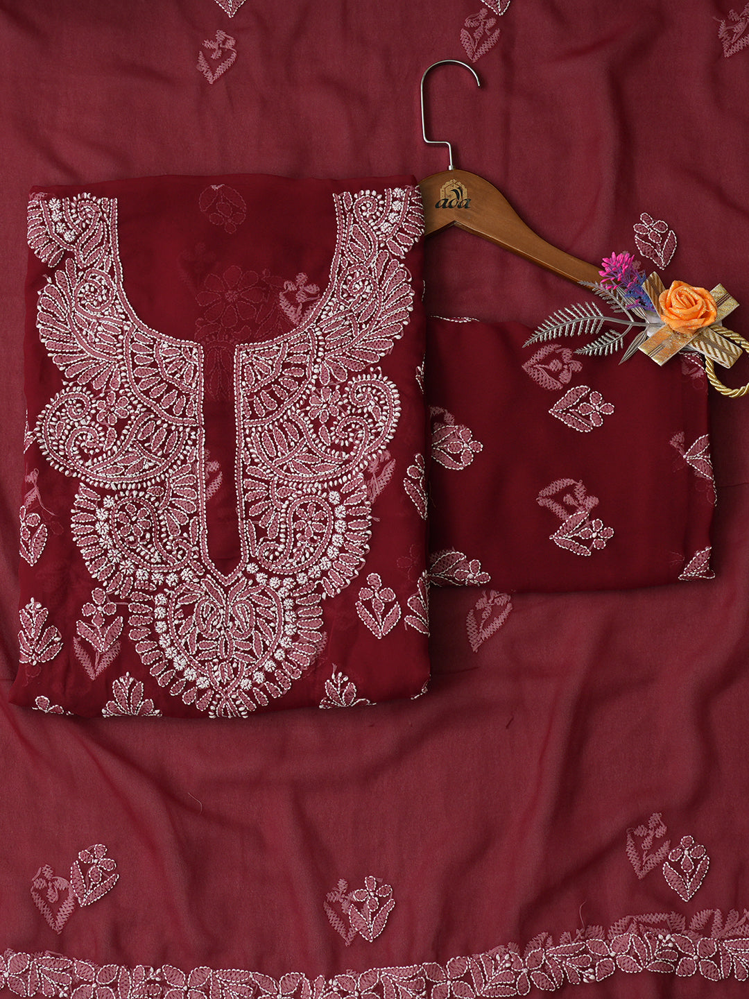 Ada Hand Embroidered Maroon Faux Georgette Lucknowi Chikankari Unstitched Suit Piece 01A1018817