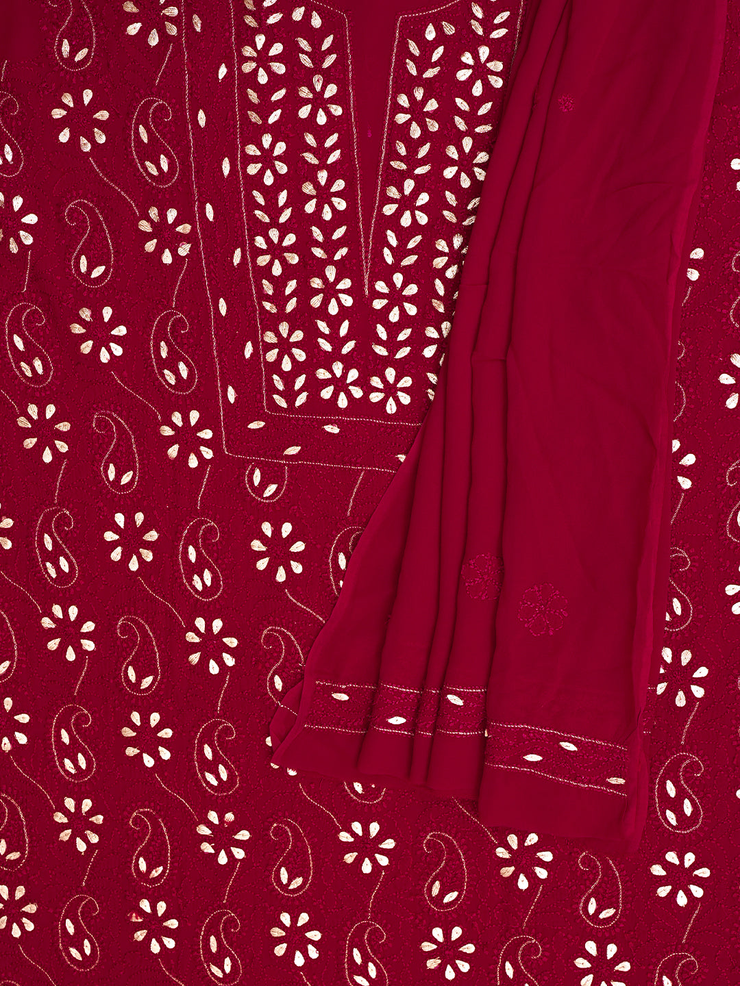 Ada Hand Embroidered Maroon Viscose Georgette Lucknowi Chikankari Unstitched Kurta Dupatta Set With Gota Patti Work 01A933429