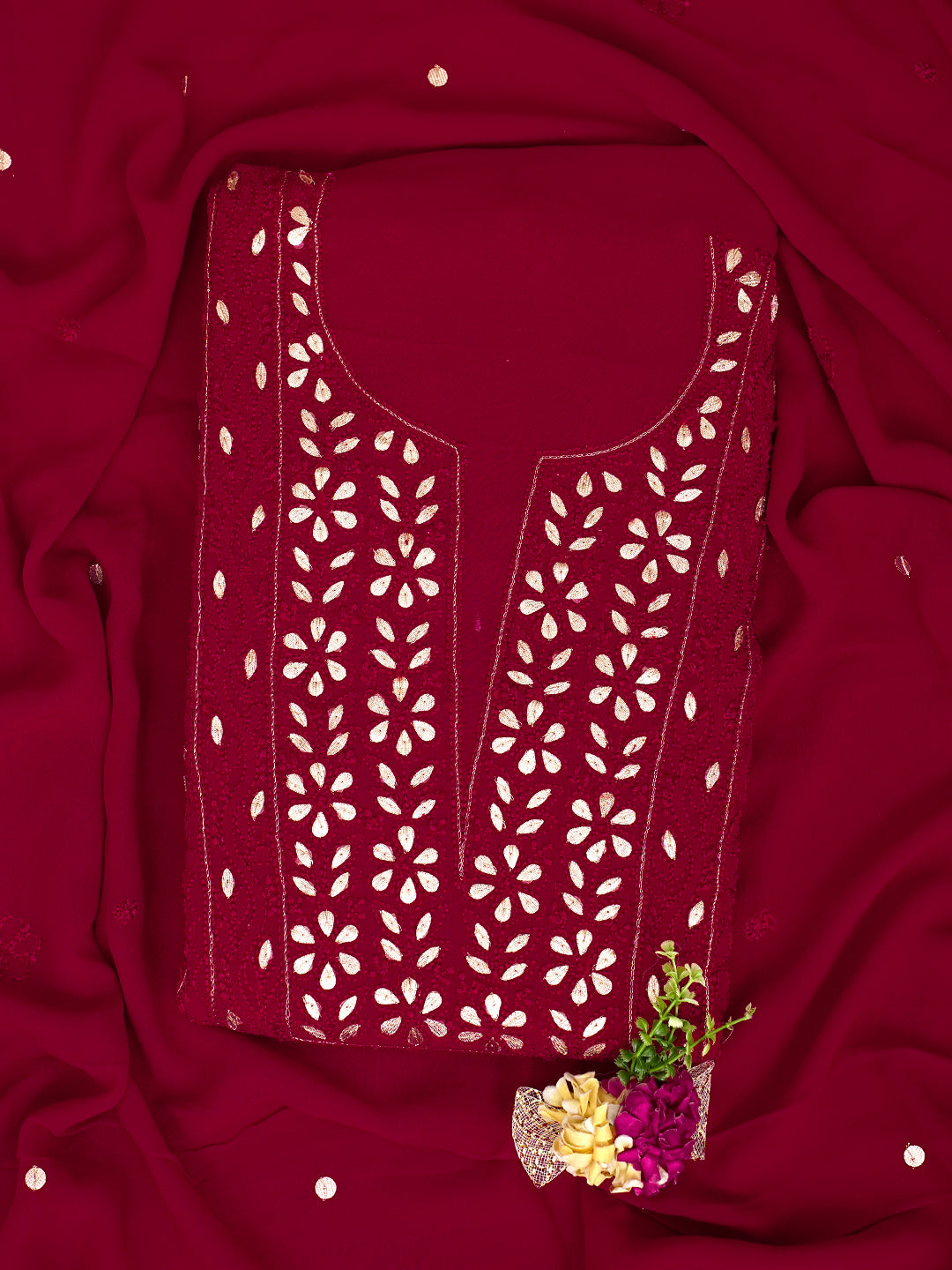 Ada Hand Embroidered Maroon Viscose Georgette Lucknowi Chikankari Unstitched Kurta Dupatta Set With Gota Patti Work 01A933429