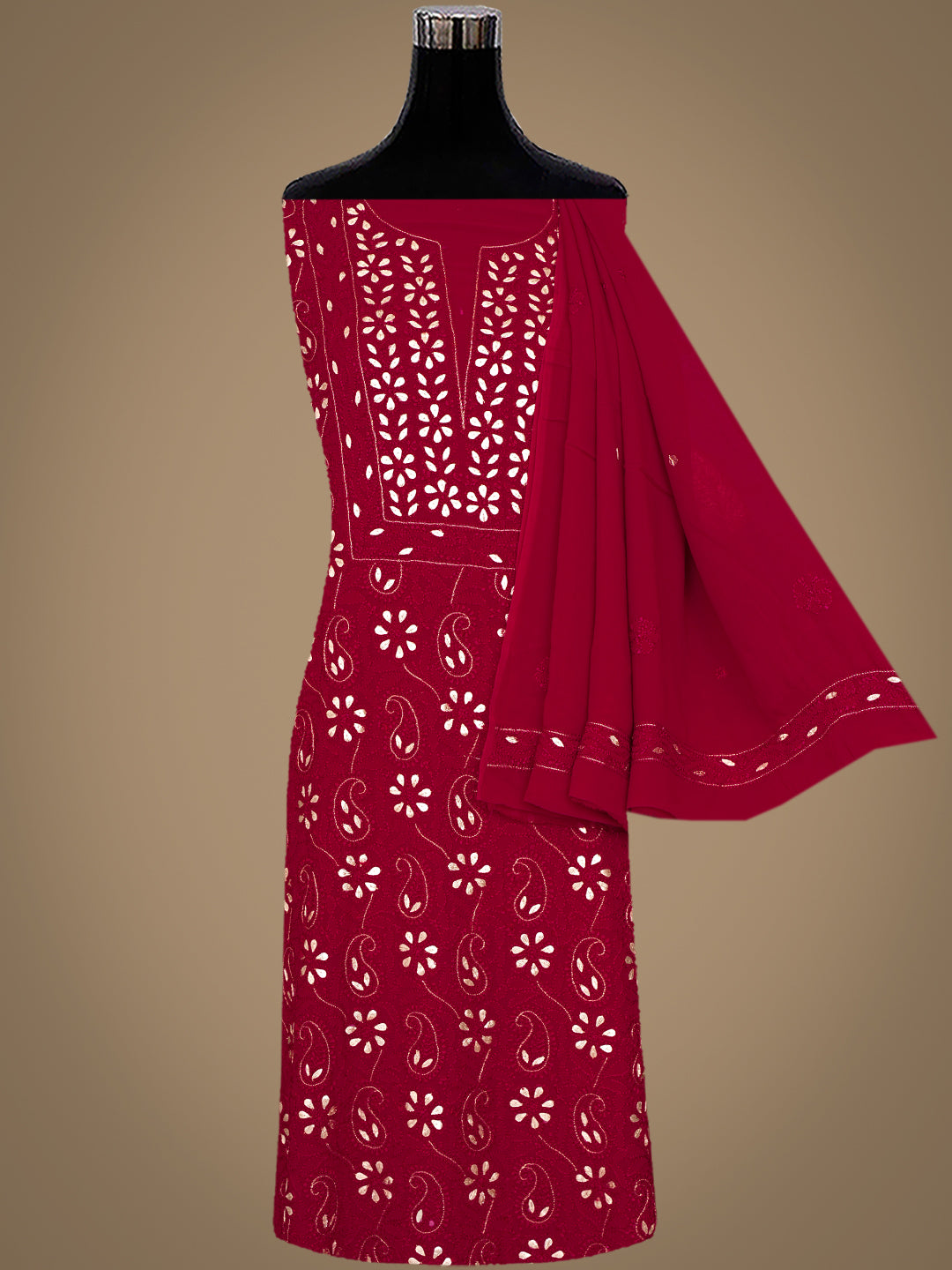 Ada Hand Embroidered Maroon Viscose Georgette Lucknowi Chikankari Unstitched Kurta Dupatta Set With Gota Patti Work 01A933429