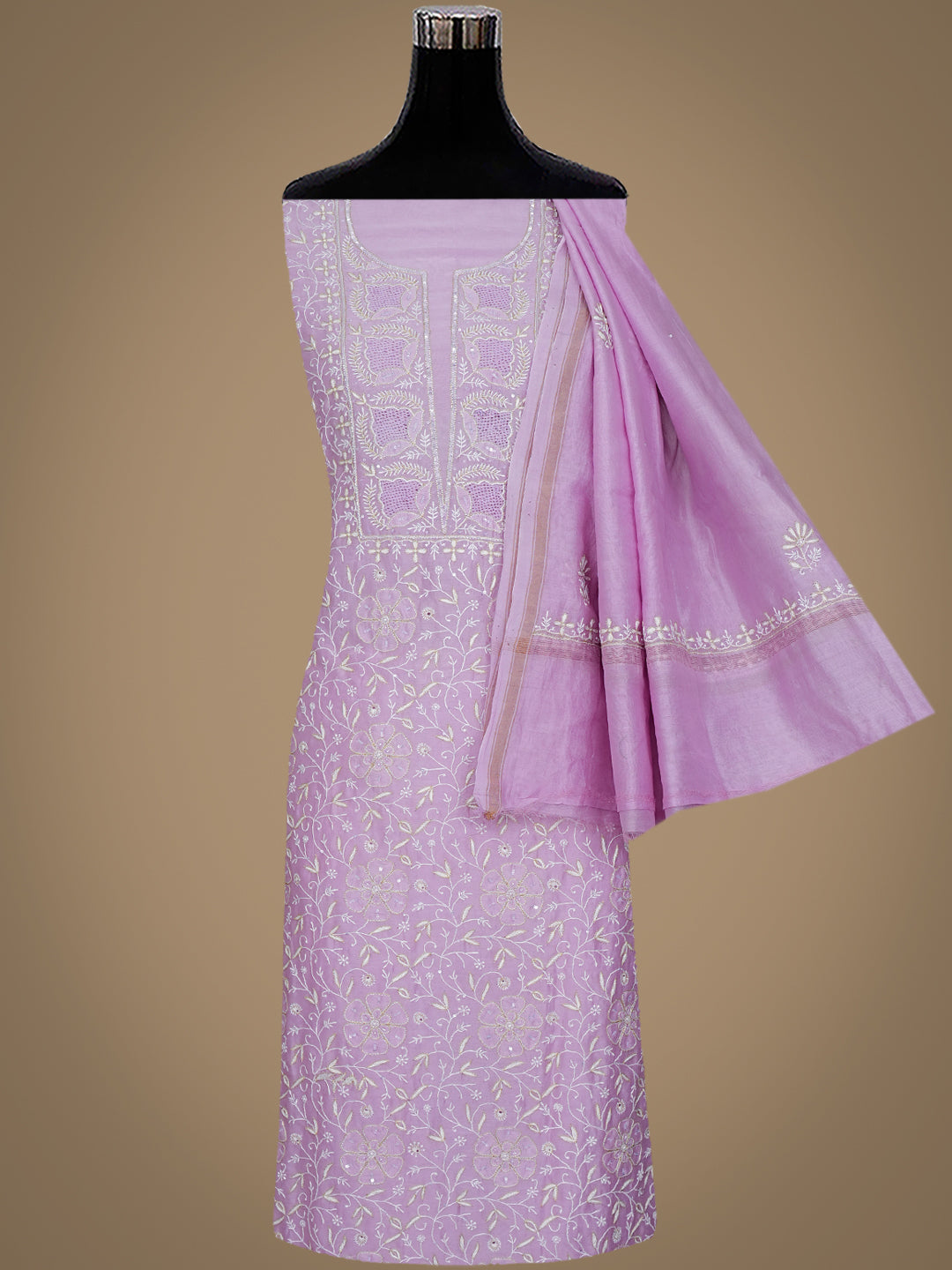 Ada Hand Embroidered Mauve Chanderi Lucknowi Chikankari Unstitched Kurta Dupatta Set With Zari Work 01A939434