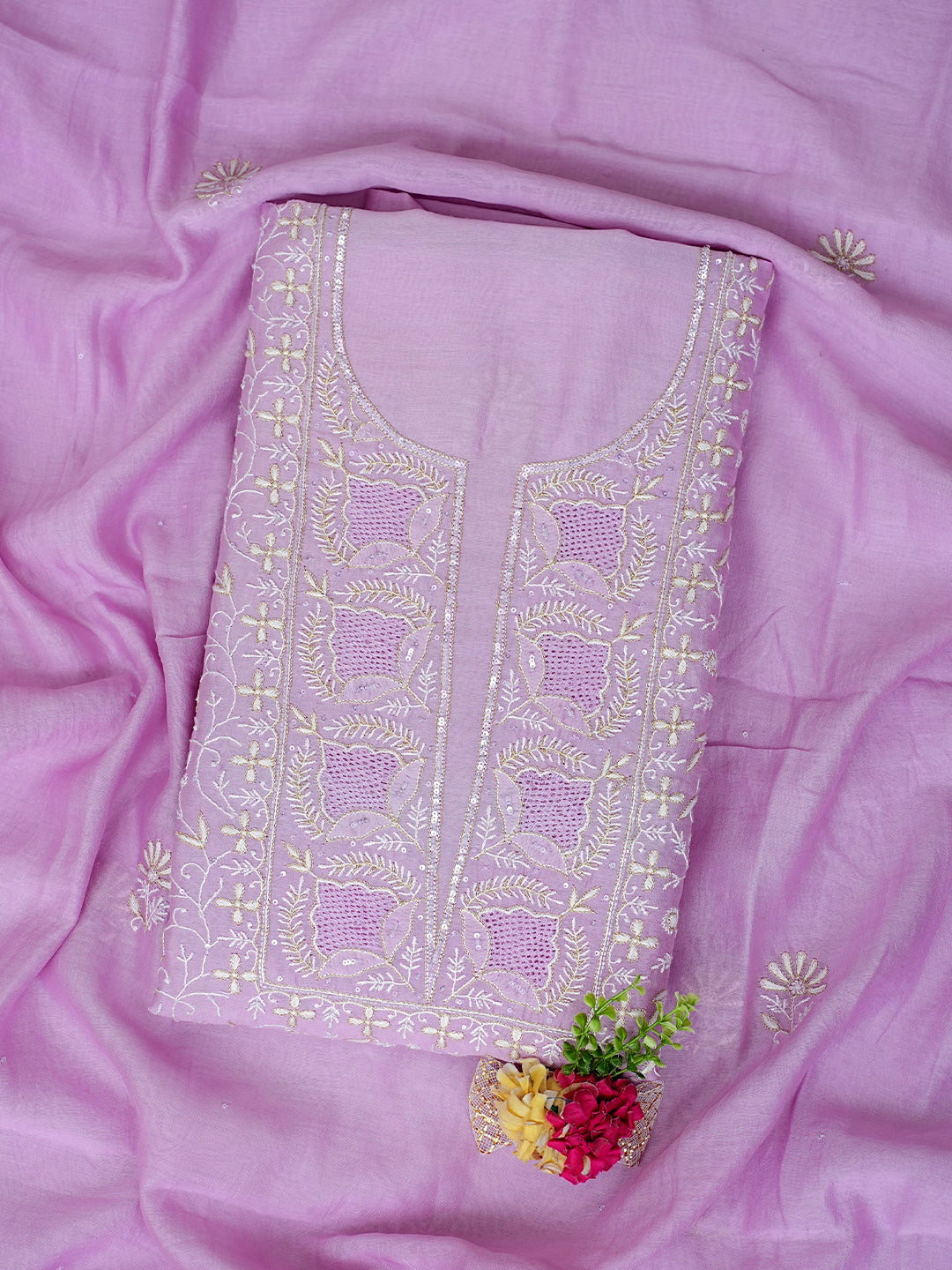 Ada Hand Embroidered Mauve Chanderi Lucknowi Chikankari Unstitched Kurta Dupatta Set With Zari Work 01A939434