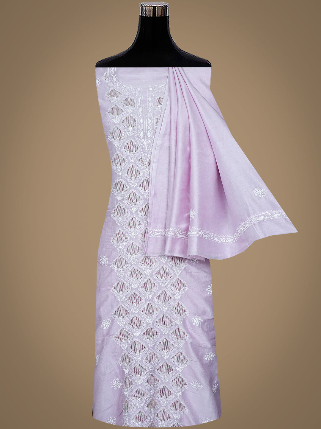 Ada Hand Embroidered Mauve Chanderi Lucknowi Chikankari Unstitched Kurta Dupatta Set With Zari Work 01A982000