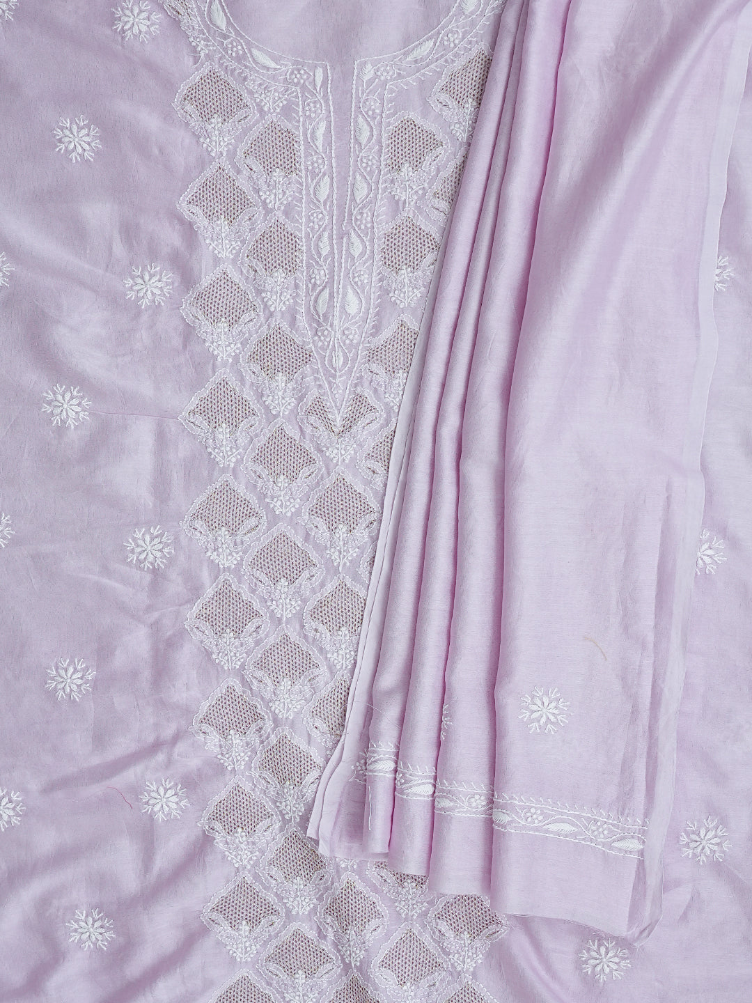 Ada Hand Embroidered Mauve Chanderi Lucknowi Chikankari Unstitched Kurta Dupatta Set With Zari Work 01A982000