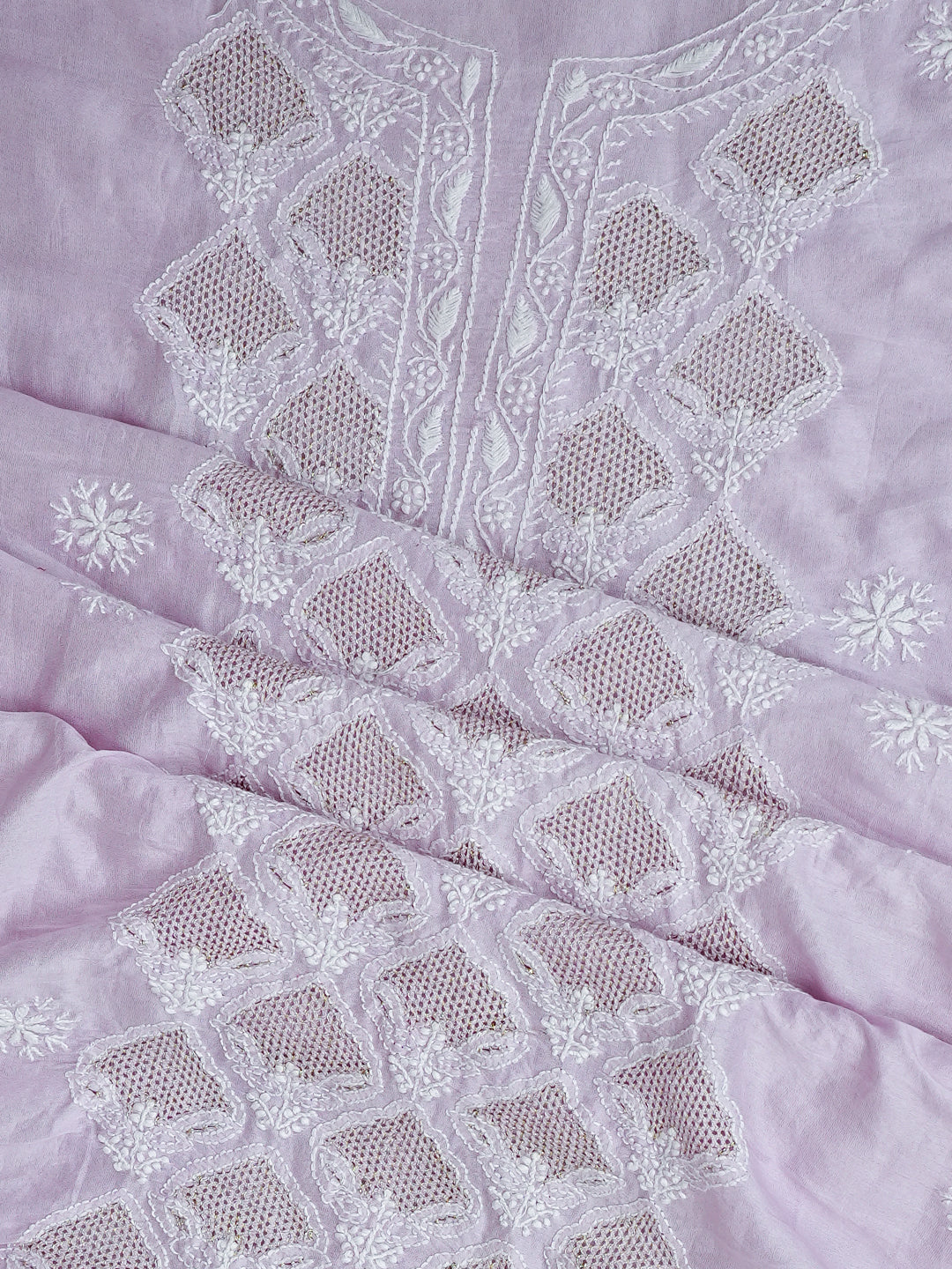 Ada Hand Embroidered Mauve Chanderi Lucknowi Chikankari Unstitched Kurta Dupatta Set With Zari Work 01A982000