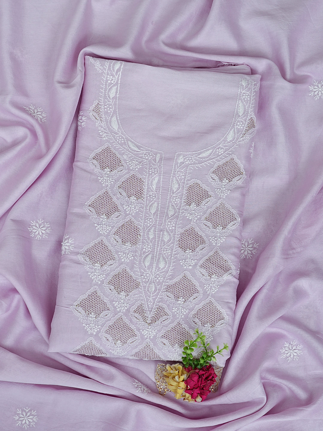 Ada Hand Embroidered Mauve Chanderi Lucknowi Chikankari Unstitched Kurta Dupatta Set With Zari Work 01A982000