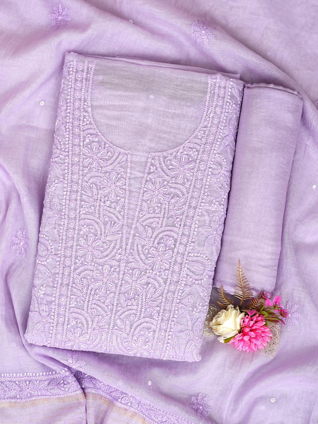 Ada Hand Embroidered Mauve Chanderi Lucknowi Chikankari Unstitched Suite Set With Cutdana Work 01A1010812