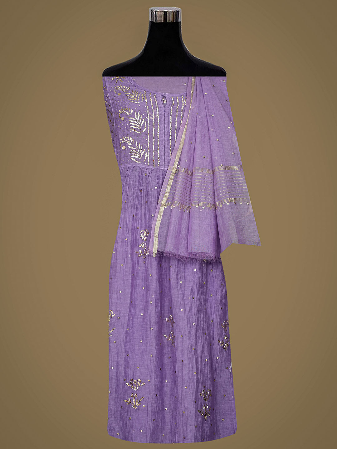 Ada Hand Embroidered Mauve Chanderi Semi-Stitched A-line Kurta Dupatta Set With Muqaish Work 01A977975
